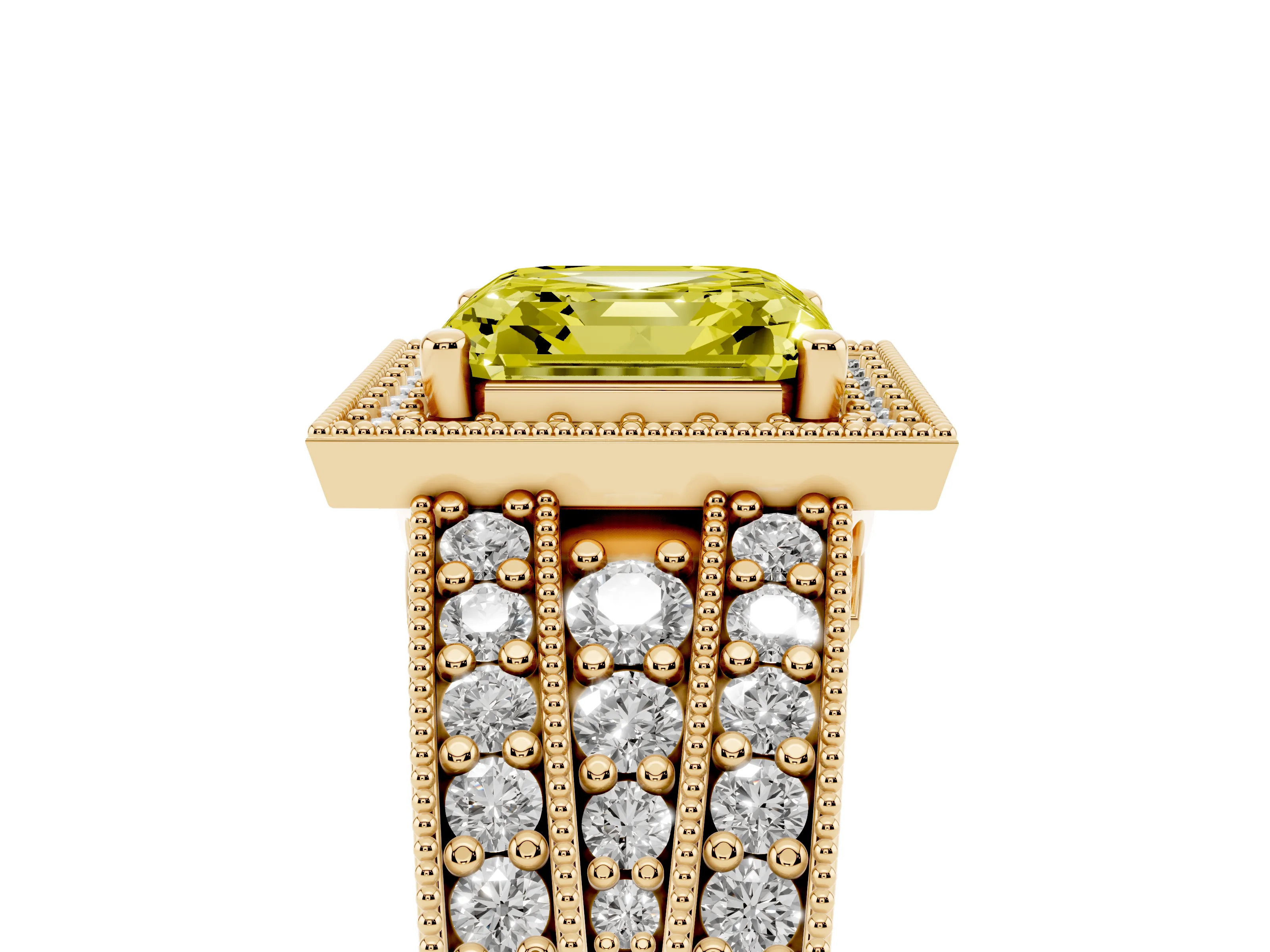 Fancy Yellow Asscher Cut Diamond Halo Ring Set in Yellow gold with Accent Split Shank and Prong Setting