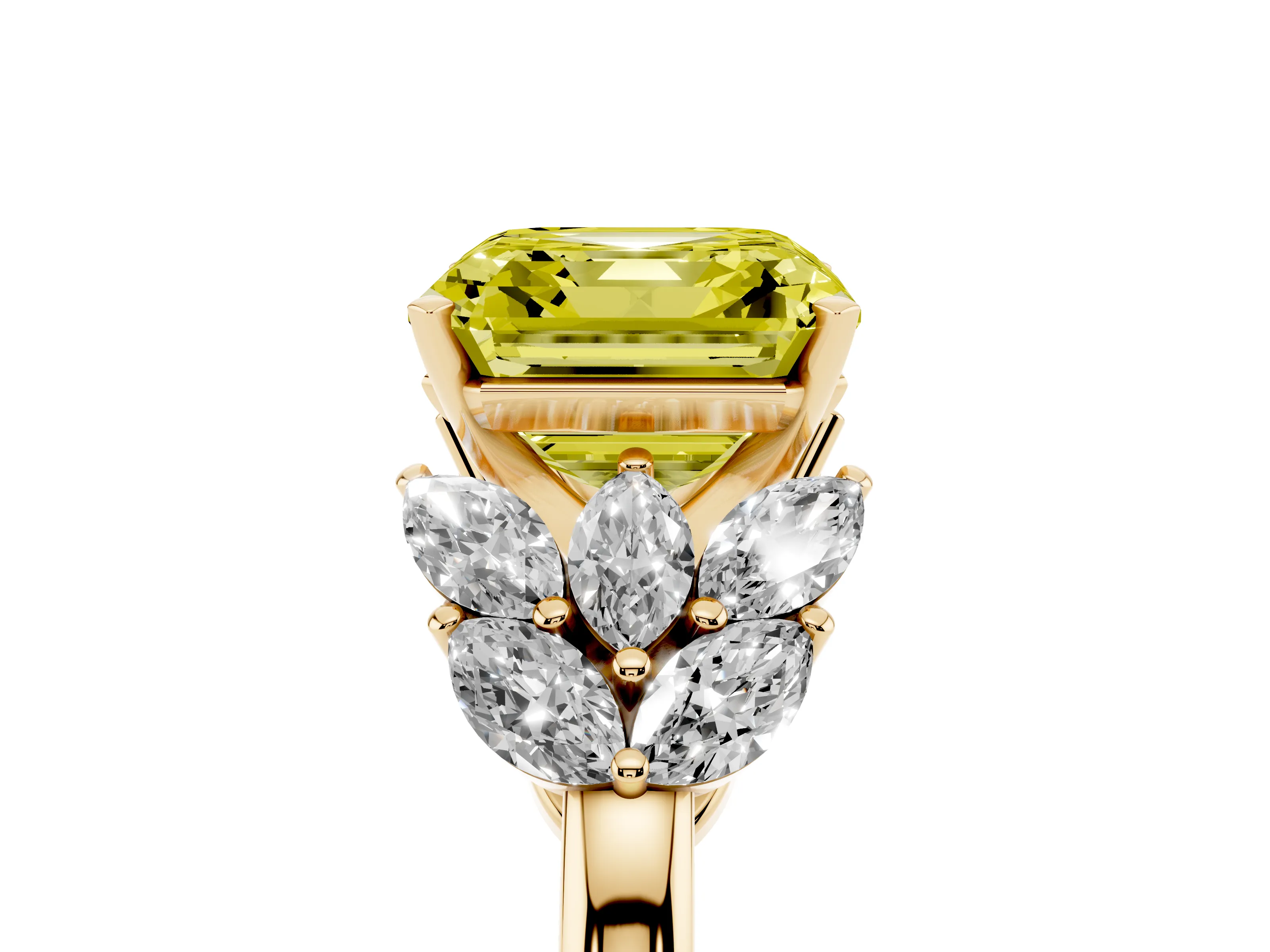 Fancy Yellow Asscher Cut Diamond Cluster Leaf Design Ring Set in Yellow gold with Prong Setting
