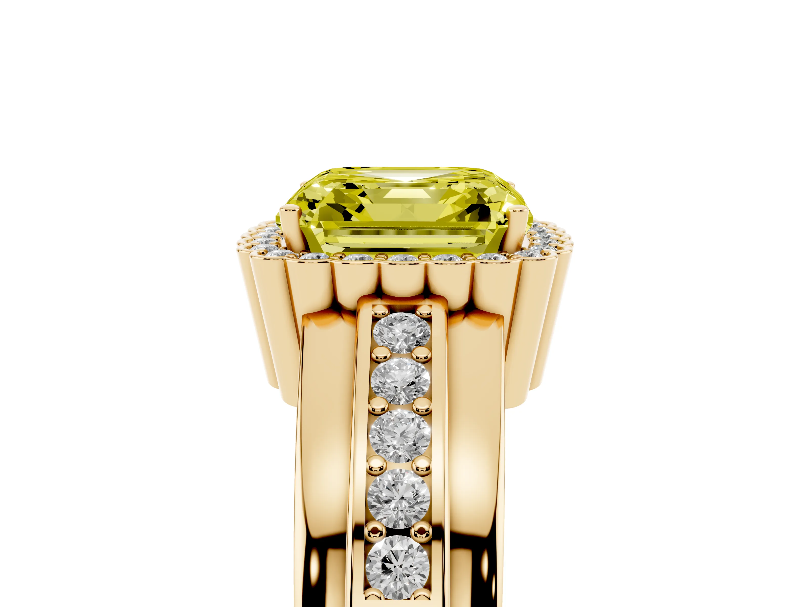 Fancy Yellow Asscher Cut Diamond Halo Prong Ring Set in Yellow gold with Pavé Band