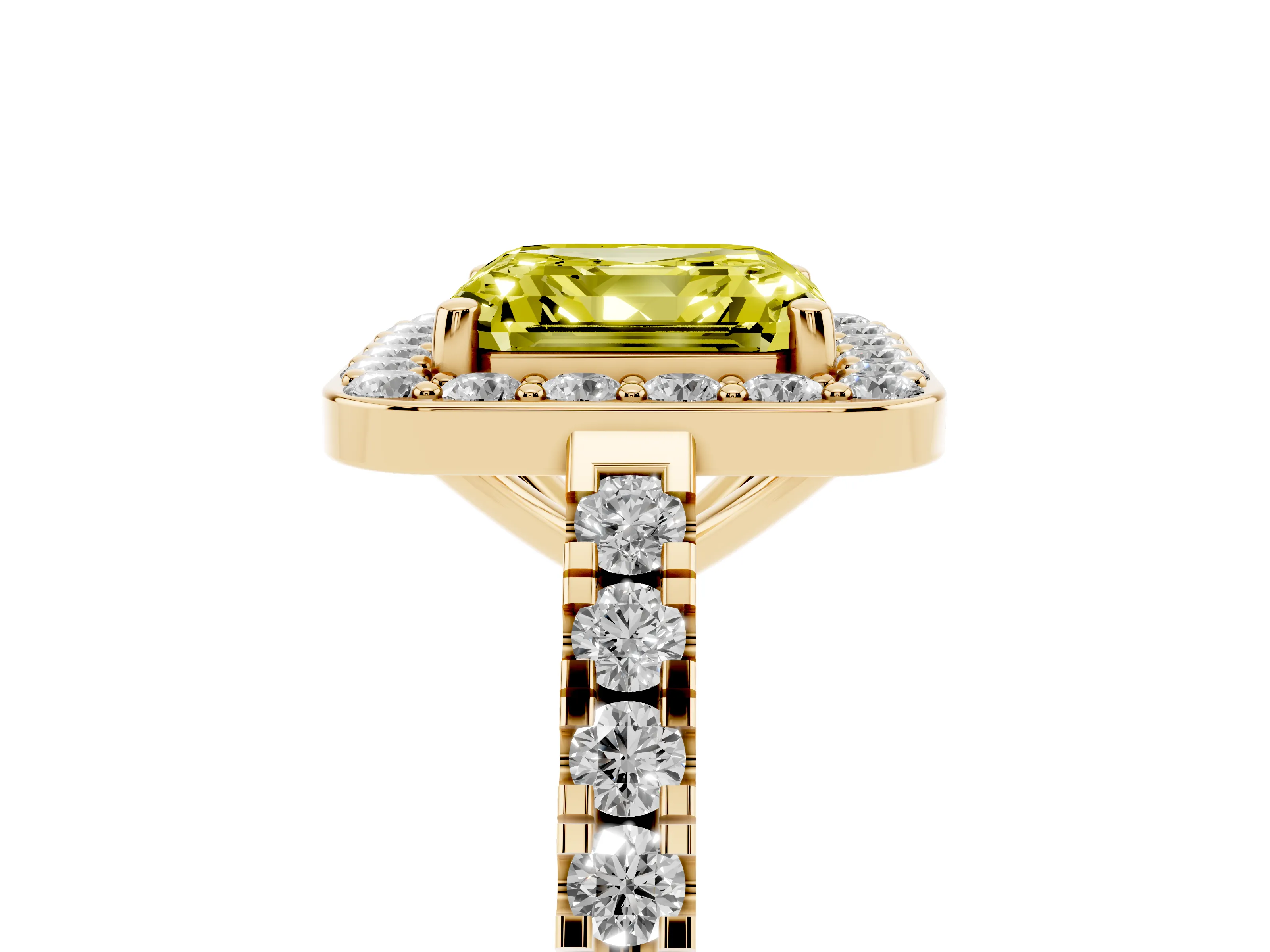 Fancy Yellow Asscher Cut Diamond Halo Ring Set in Yellow gold with Round Pavé Split Shank and Prong Setting