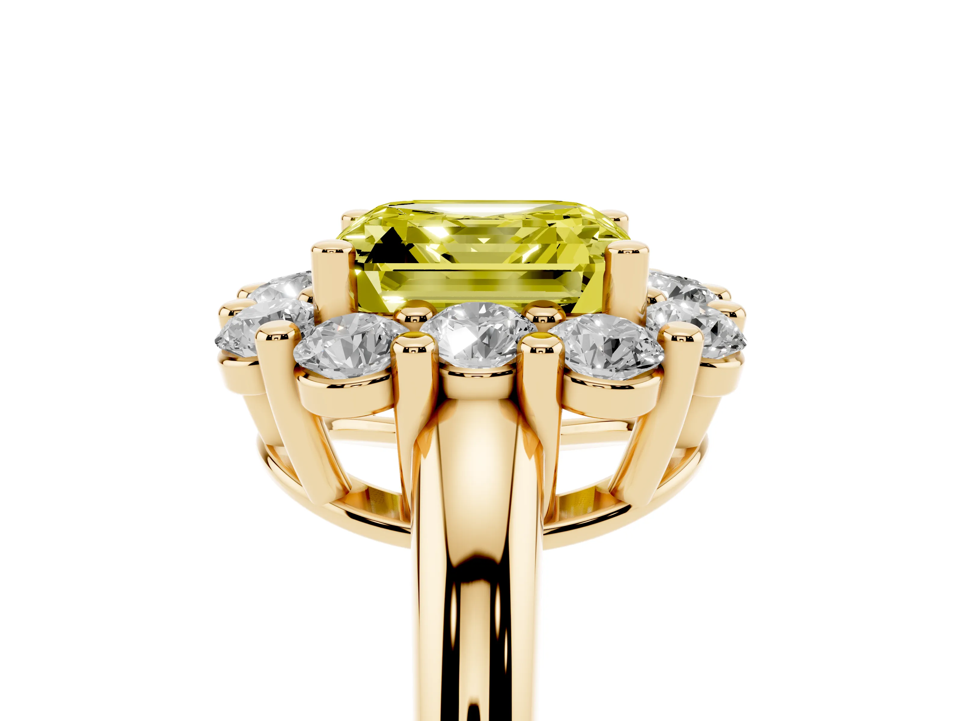 Fancy Yellow Asscher Cut Diamond Halo Cluster Engagement Ring Set in Yellow gold with Polished Band and Prong Setting