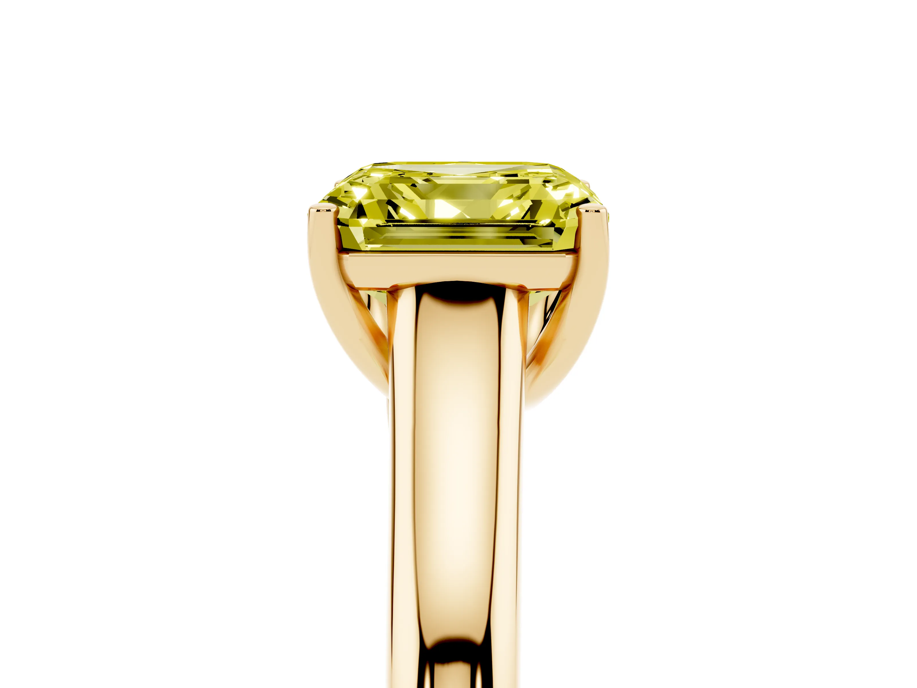 Fancy Yellow Asscher Cut Diamond Solitaire Engagement Ring Set in Yellow gold with Subtly Tapered Band and Prong Setting