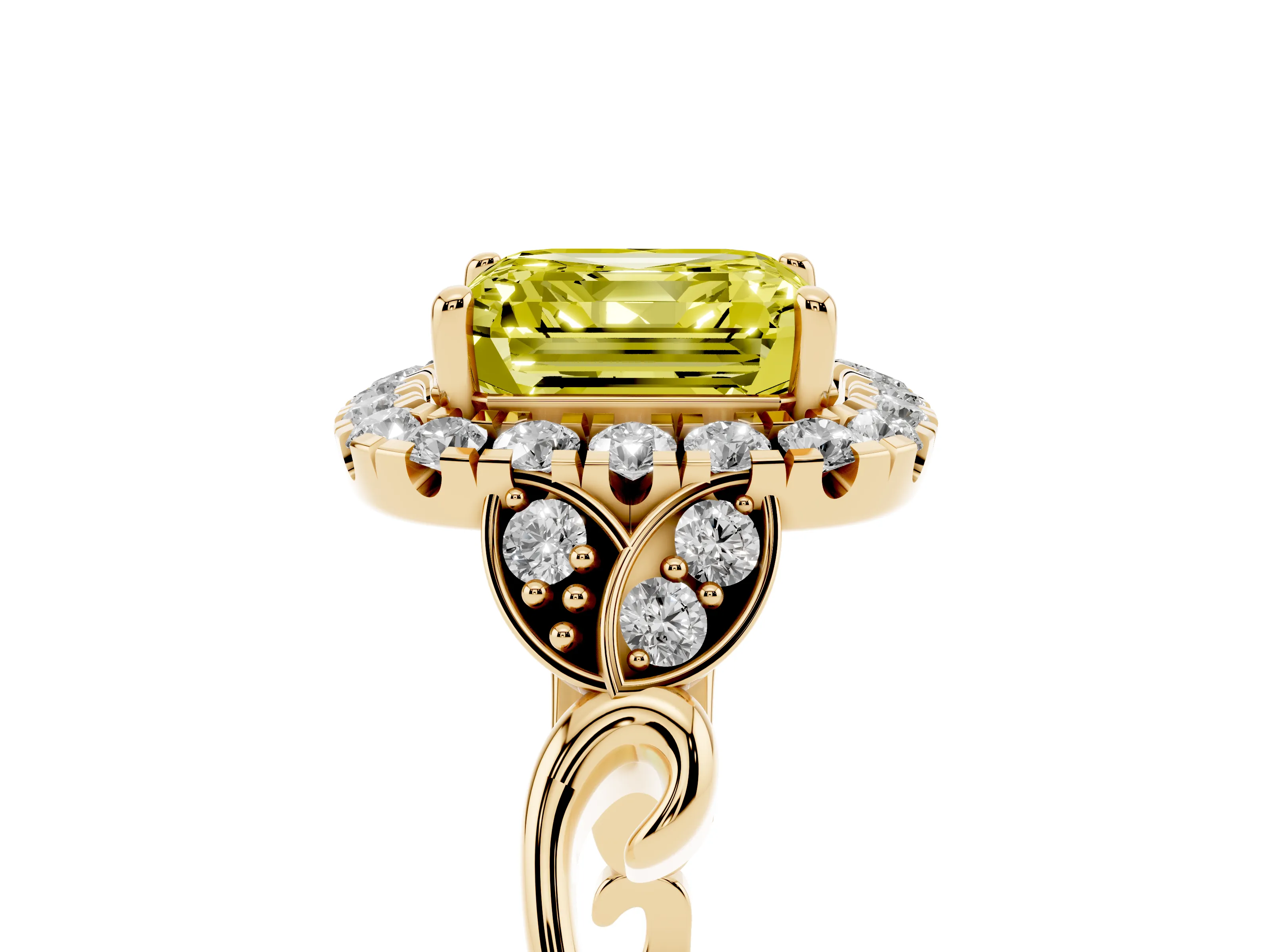 Fancy Yellow Asscher Cut Diamond Halo Engagement Ring Set in Yellow gold with Vintage-Inspired Band and Prong Setting