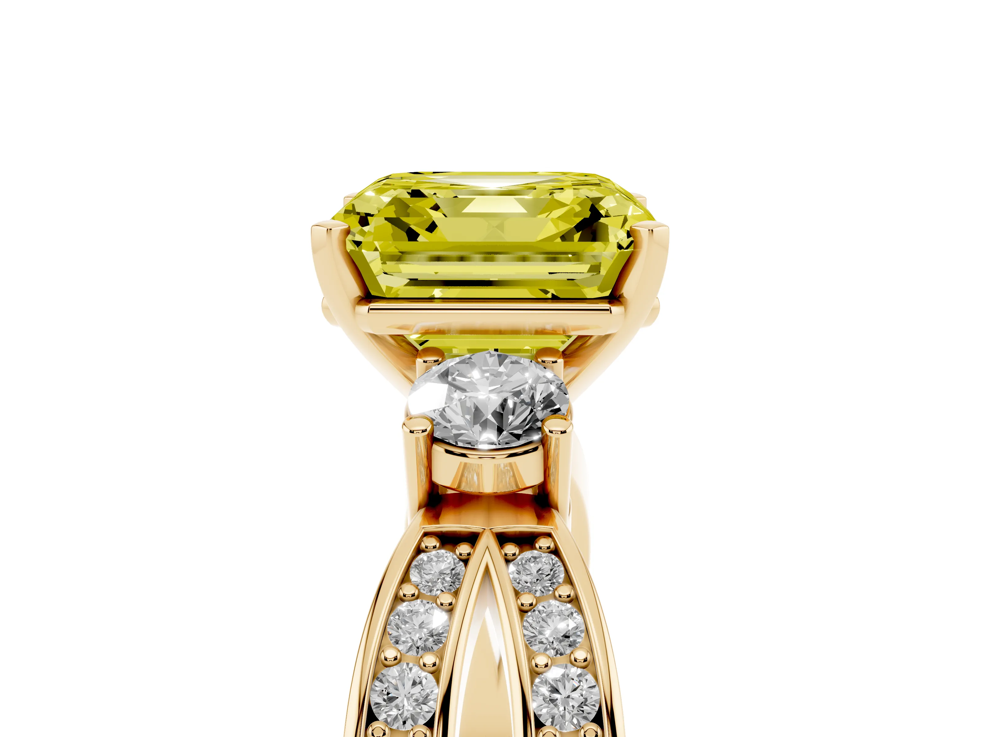 Fancy Yellow Three-Stone Asscher Cut Diamond Twist Band Ring Set in Yellow gold with Pavé Accents and Prong Setting