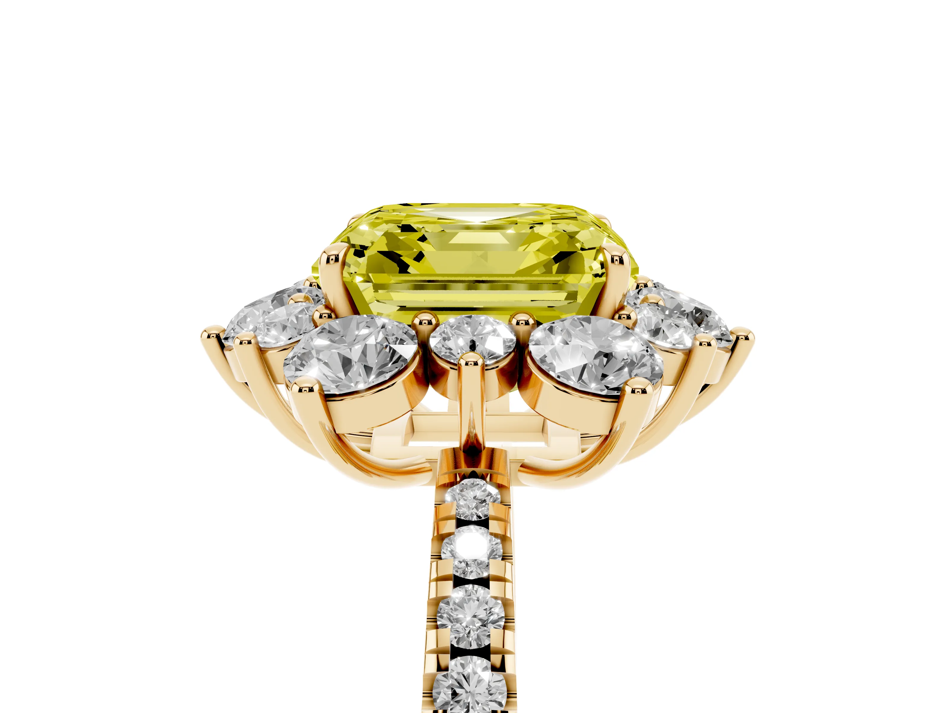 Fancy Yellow Asscher Cut Diamond Floral Halo Ring Set in Yellow gold with Round Pavé Band and Prong Setting