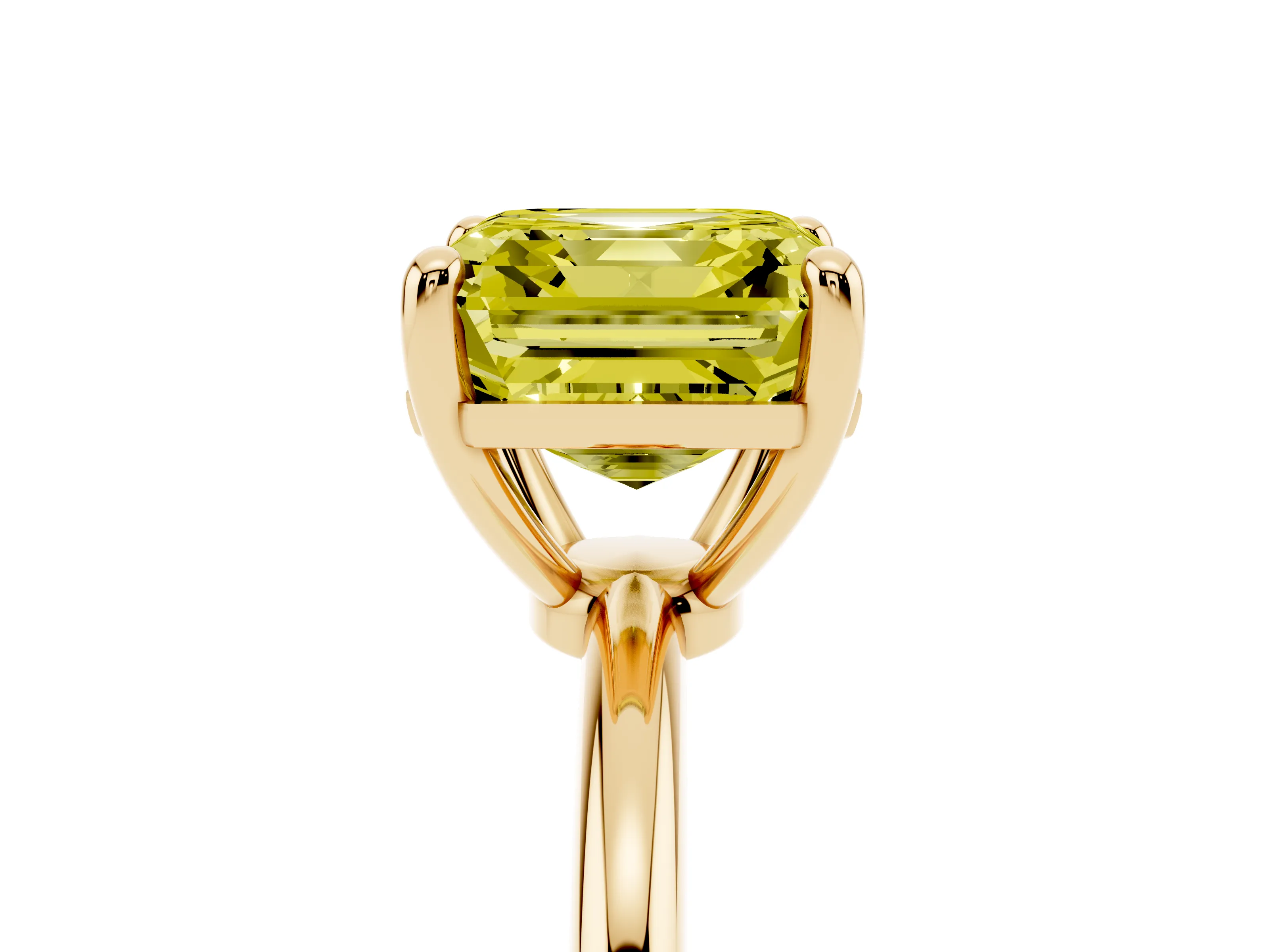 Fancy Yellow Asscher Cut Diamond Solitaire Ring Set in Yellow gold with Secure Prong Setting on a Classic Band