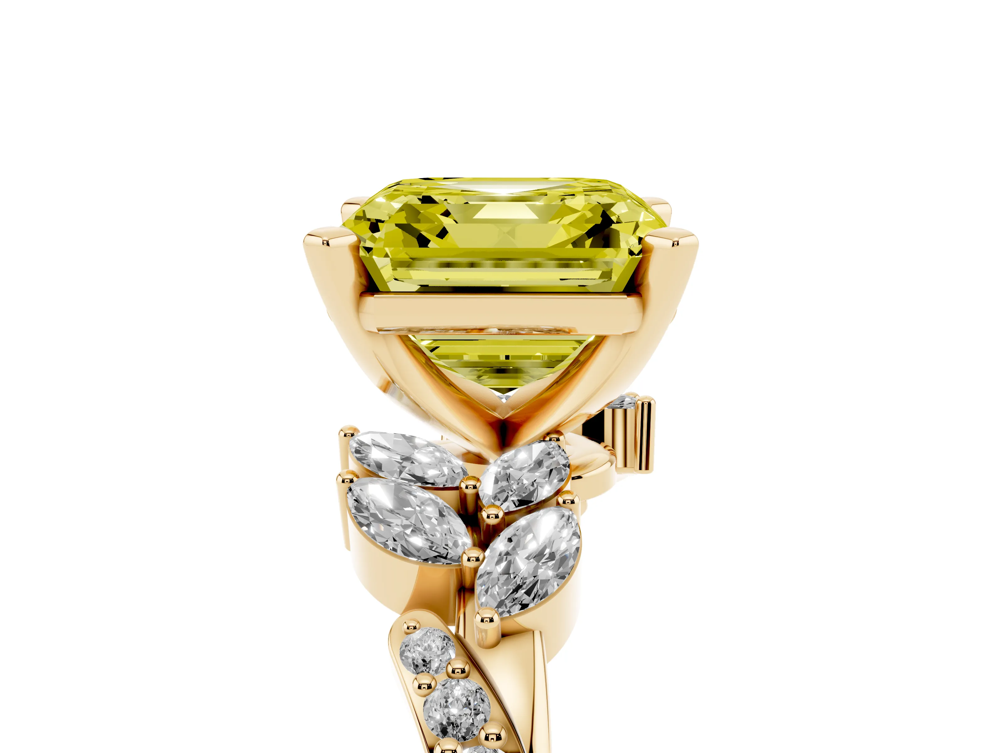Fancy Yellow Asscher Cut Diamond Solitaire Ring Set in Yellow gold with Marquise Twist Band and Prong Setting