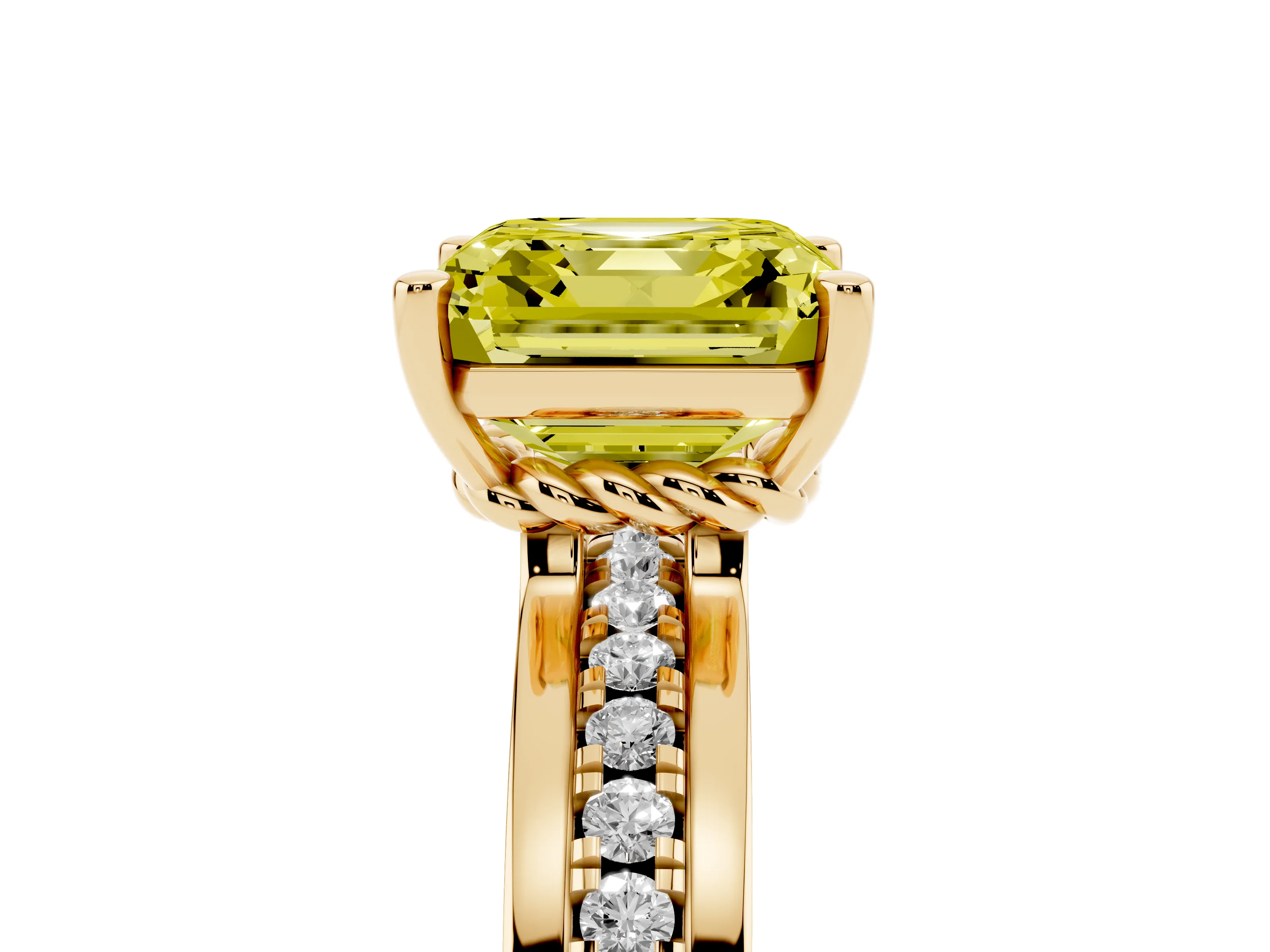 Fancy Yellow Asscher Cut Diamond Solitaire Ring Set in Yellow gold with Channel Set Band and Prong Setting