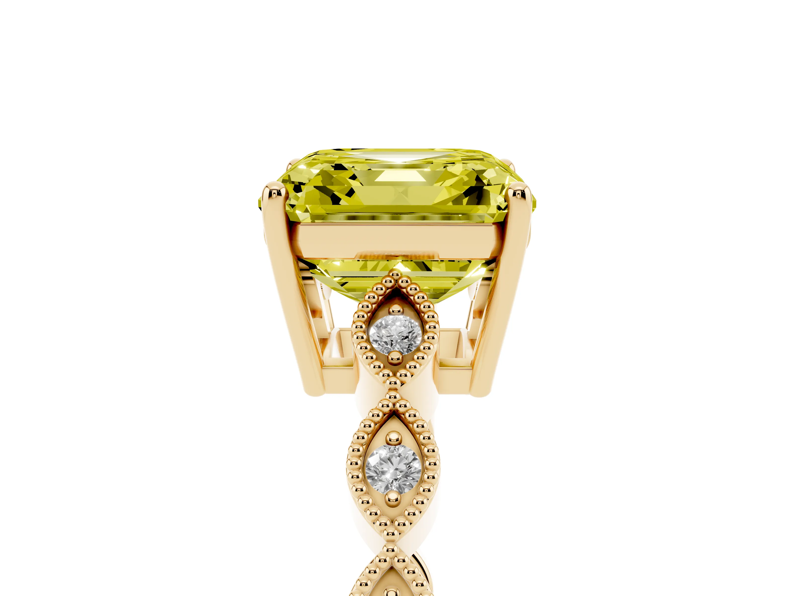 Fancy Yellow Asscher Cut Diamond Solitaire Ring Set in Yellow gold with Infinity Twist Pavé Band