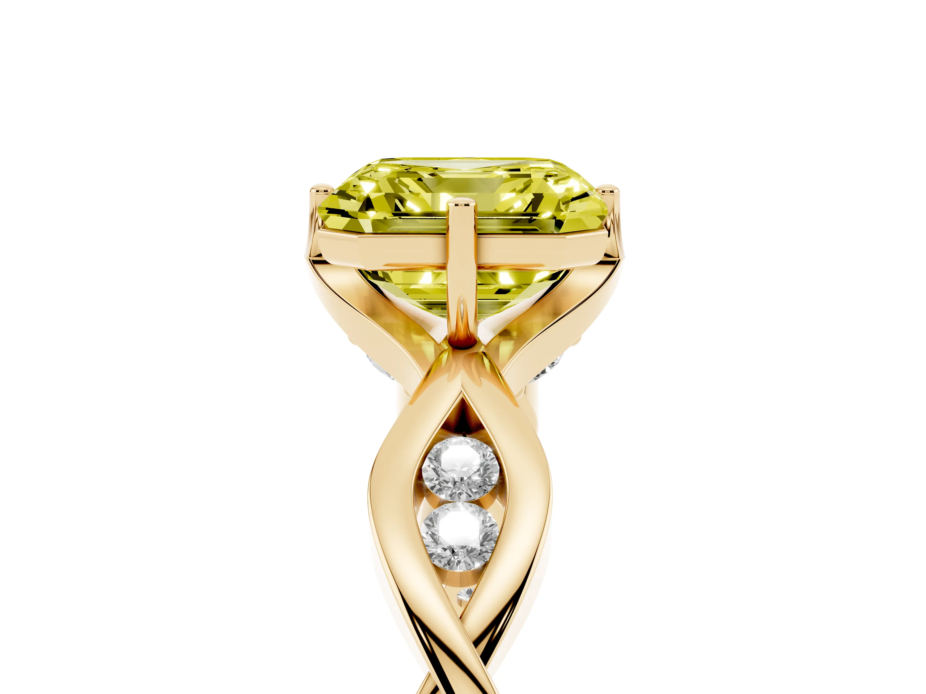 Fancy Yellow Asscher Cut Diamond Twist Band Solitaire Ring Set in Yellow gold with Leaf Prong Setting and Accent Stones