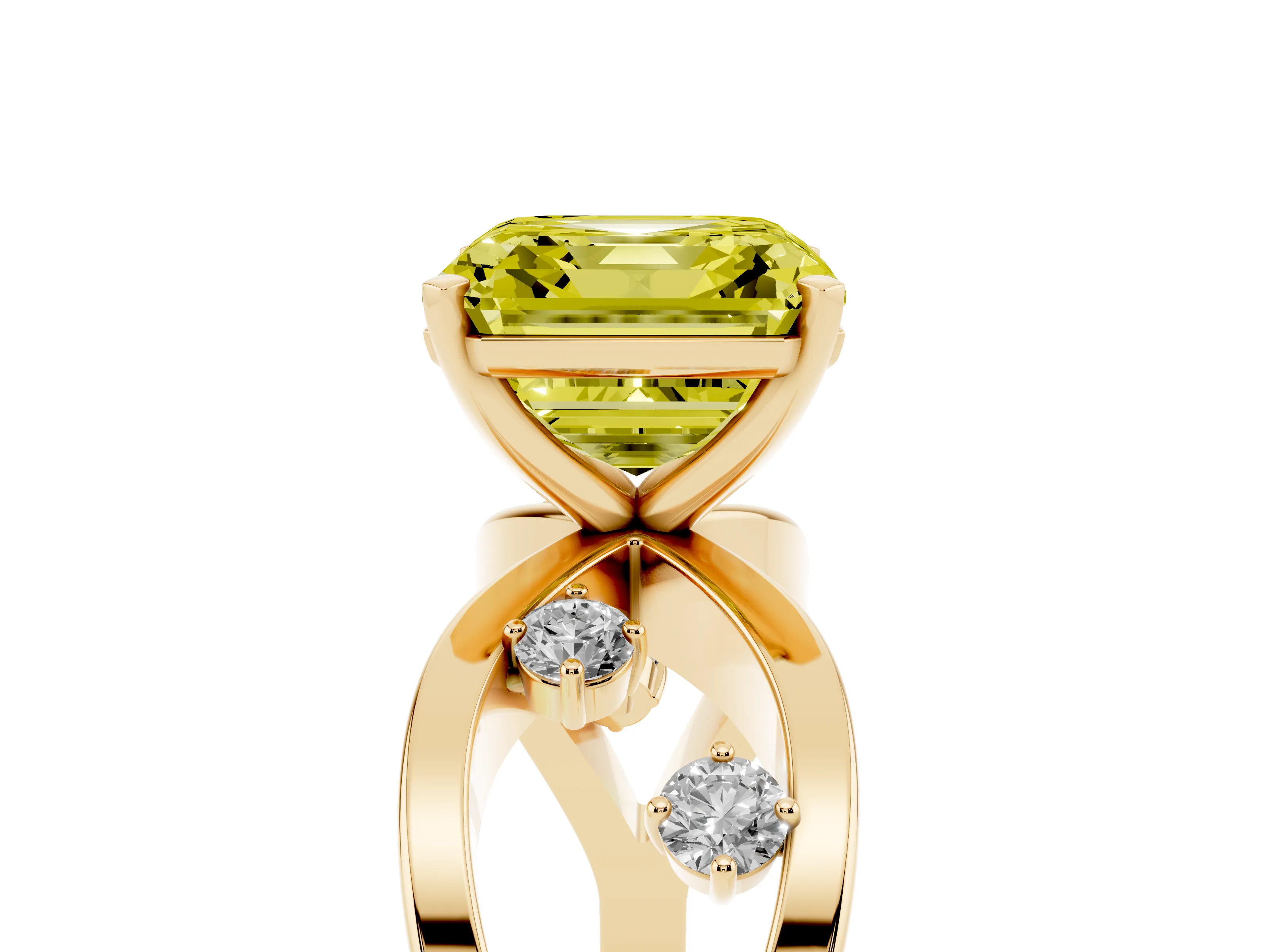 Fancy Yellow Asscher Cut Diamond Solitaire Ring Set in Yellow gold with Side Stones on Criss-Cross Band and Prong Setting
