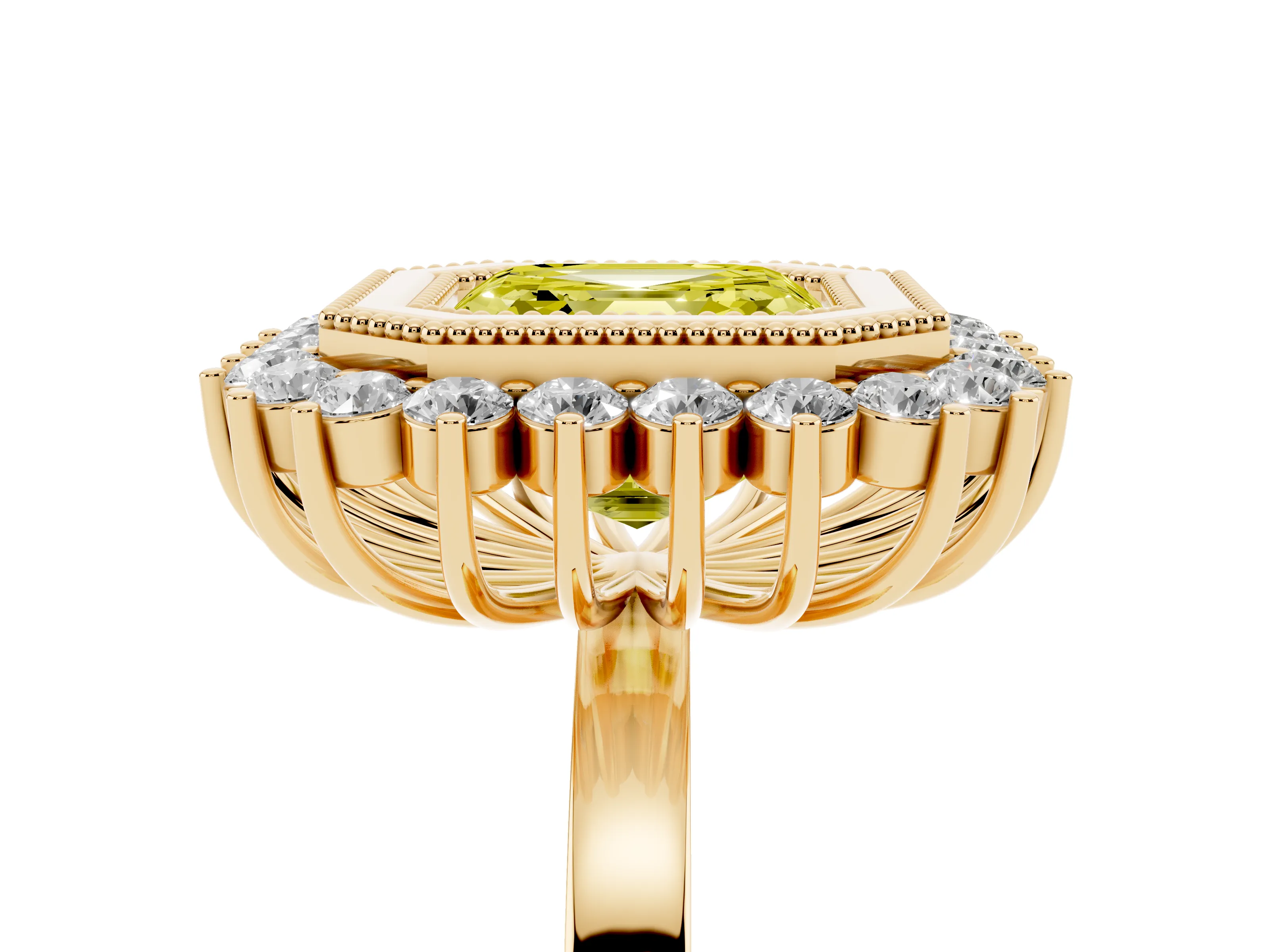 Fancy Yellow Asscher Cut Diamond Halo Ring Set in Yellow gold with Milgrain Edge and Round Prong Setting