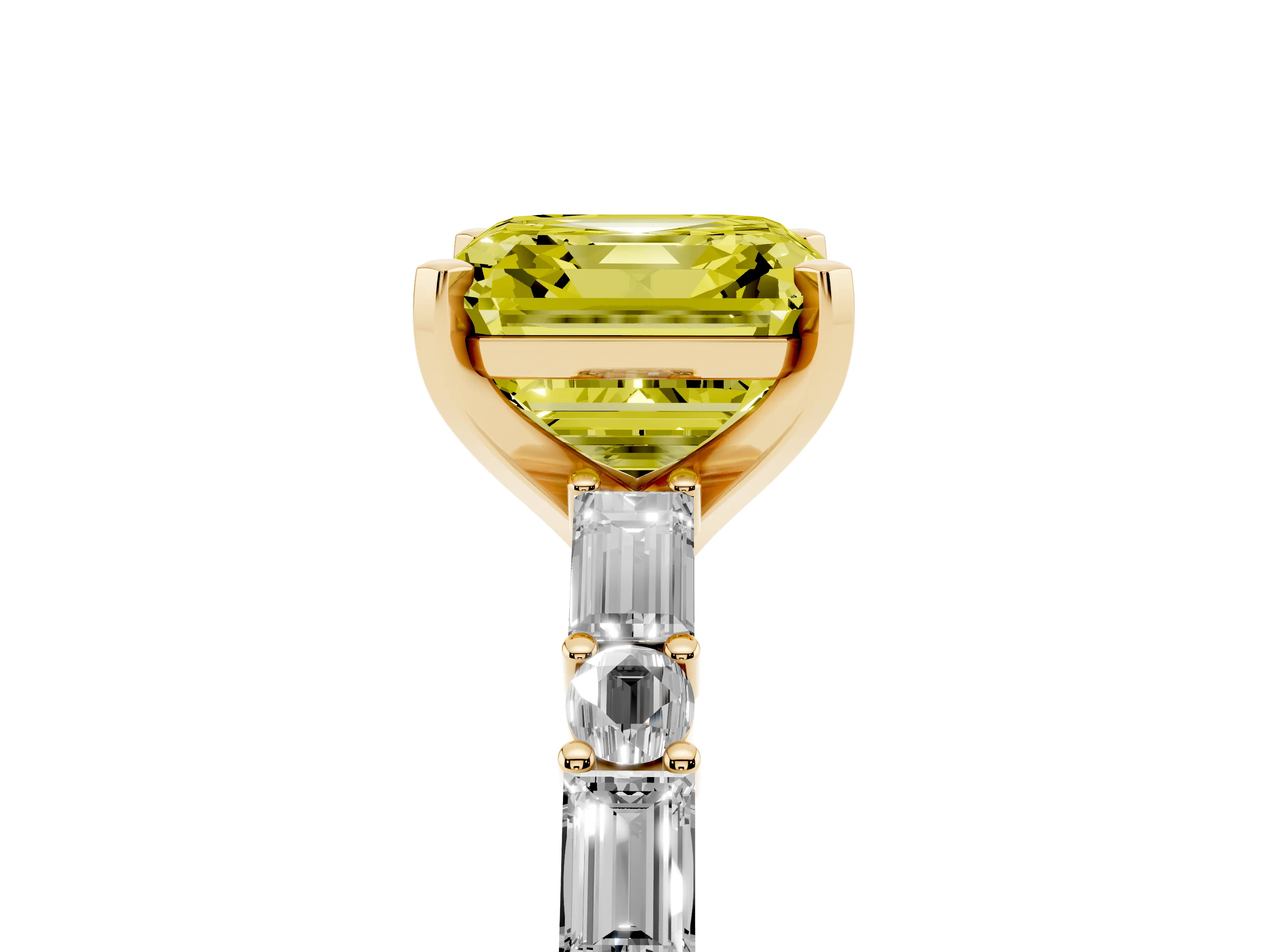 Fancy Yellow Asscher Cut Diamond Solitaire Set in Yellow gold with Side Baguettes and Channel Set Band