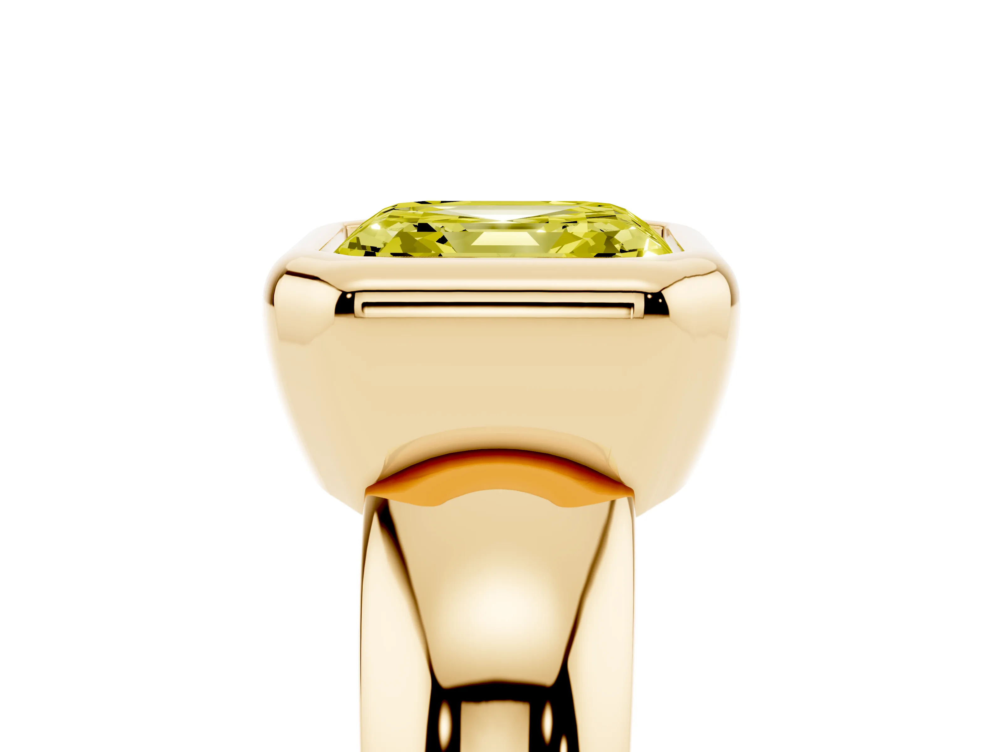 Fancy Yellow Bezel Set Asscher Cut Diamond Solitaire Ring Set in Yellow gold with Wide Band