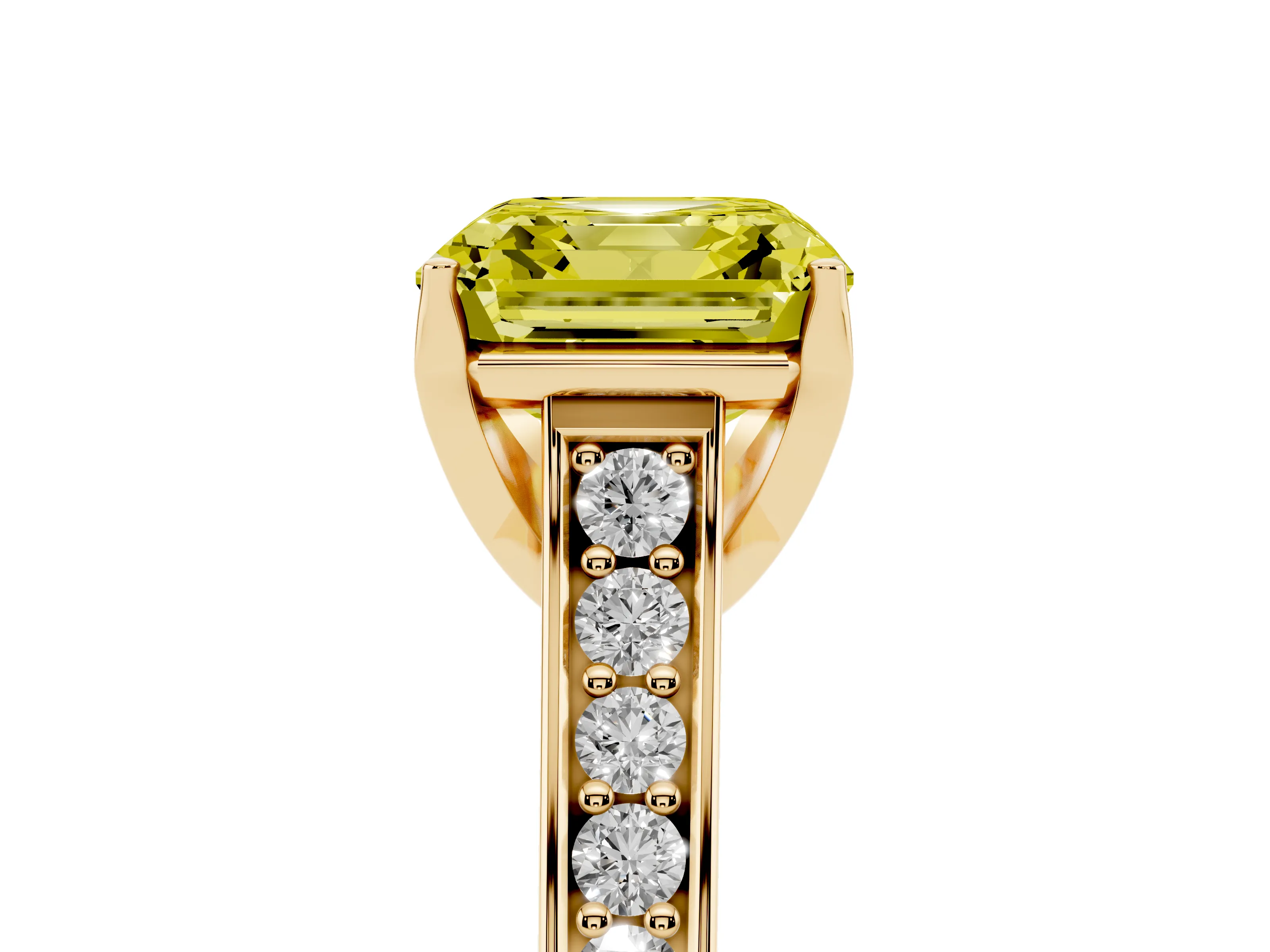 Fancy Yellow Asscher Cut Diamond Solitaire Pavé Engagement Ring Set in Yellow gold with Prong Setting