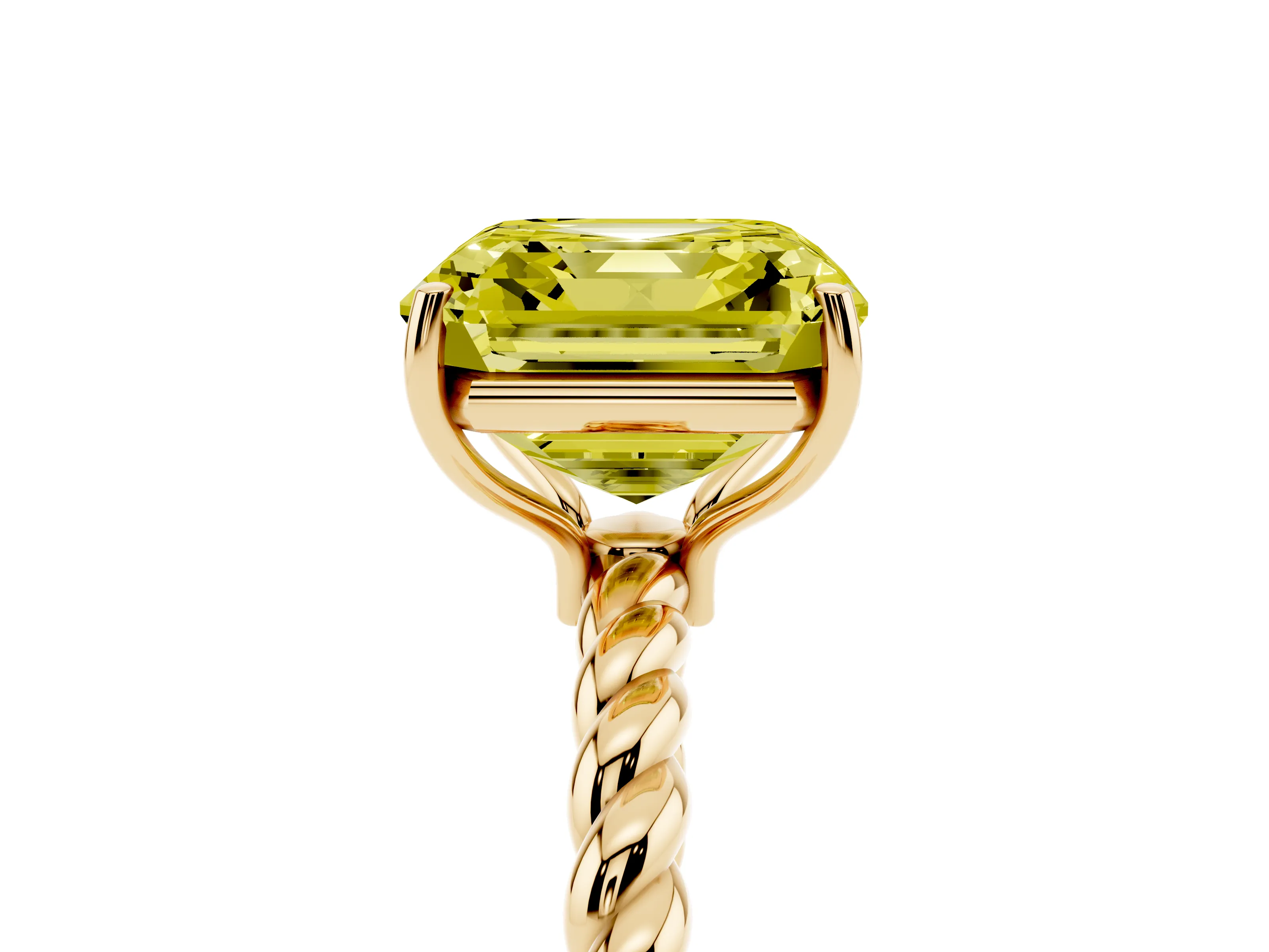 Fancy Yellow Asscher Cut Diamond Solitaire Ring Set in Yellow gold with Twist Band and Prong Setting