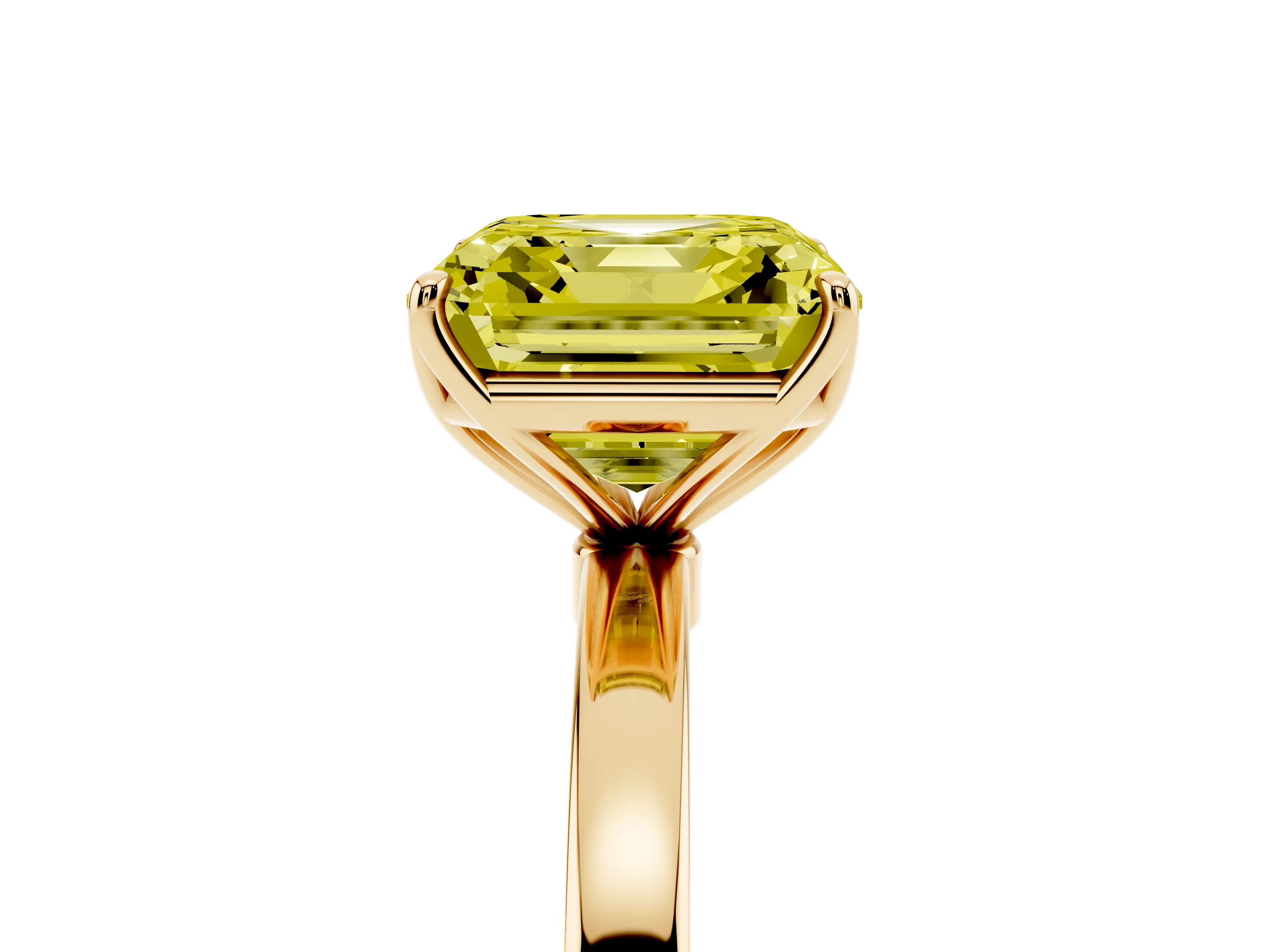 Fancy Yellow Asscher Cut Diamond Solitaire Ring Set in Yellow gold with Prong Setting and Thin Polished Band