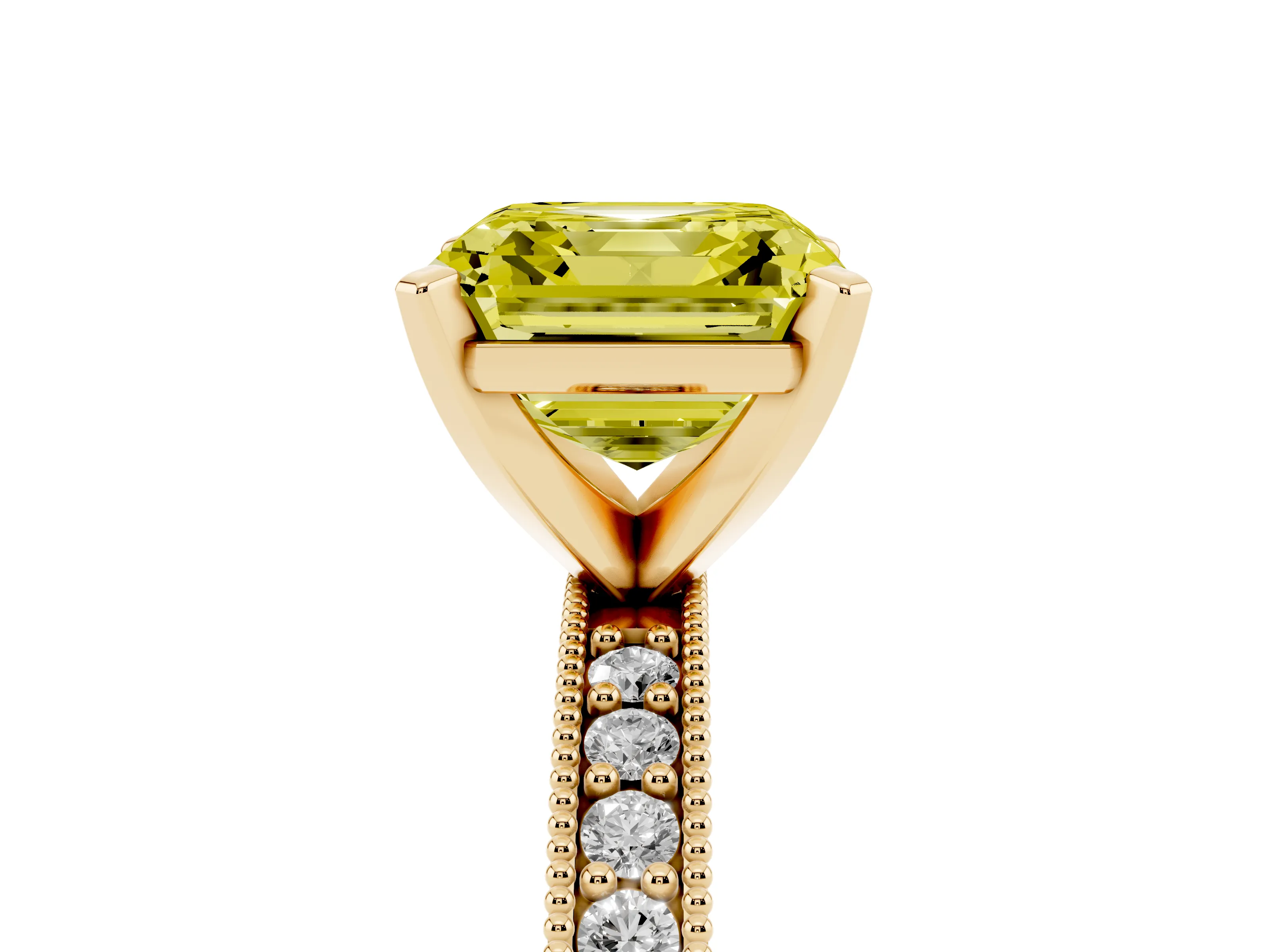 Fancy Yellow Asscher Cut Diamond Milgrain Pavé Engagement Ring Set in Yellow gold with Prong Setting