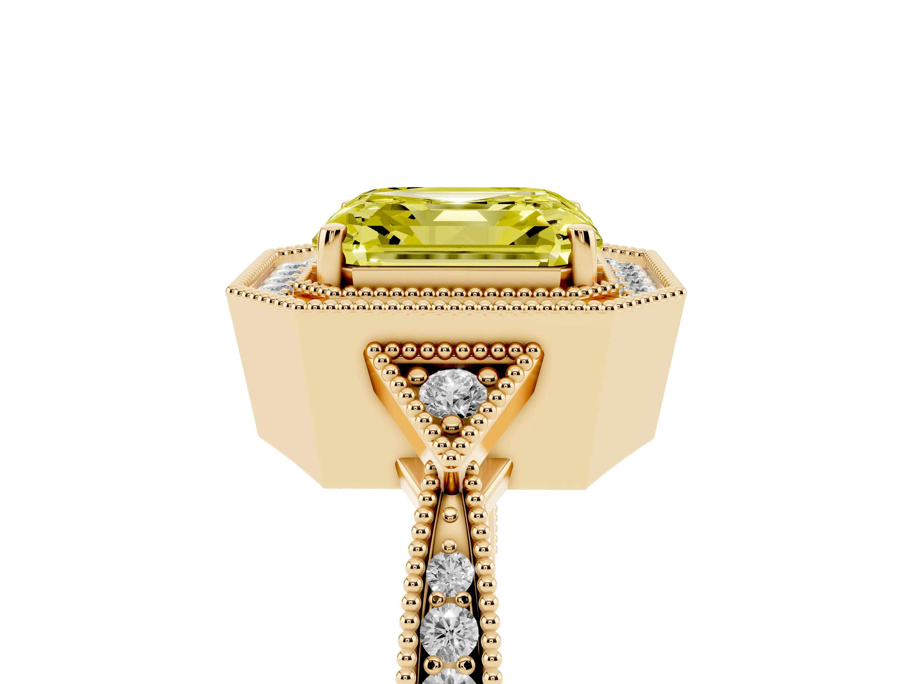 Fancy Yellow Asscher Cut Diamond Halo Engagement Ring Set in Yellow gold with Milgrain Pavé Band