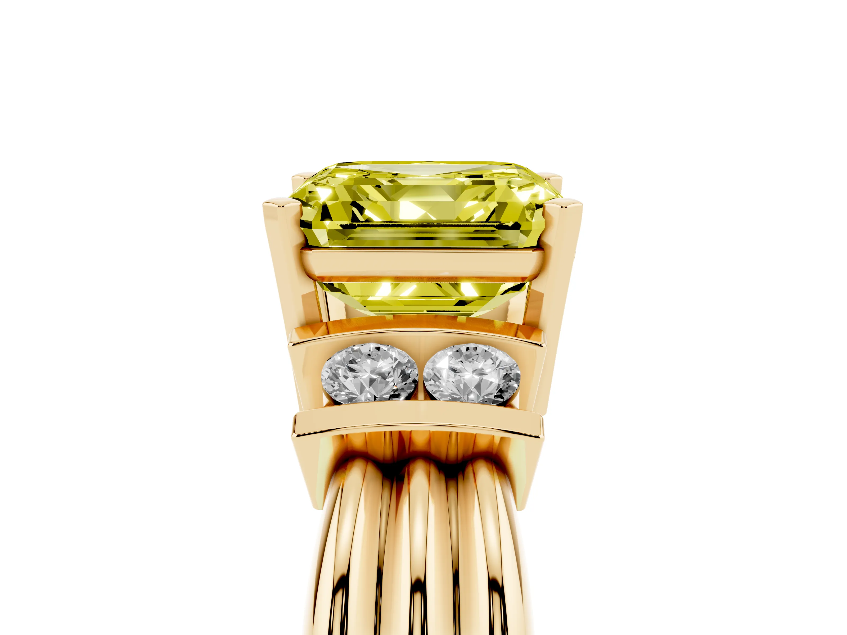 Fancy Yellow Three-Stone Asscher Cut Diamond Channel Set Ring Set in Yellow gold with Bar Prongs