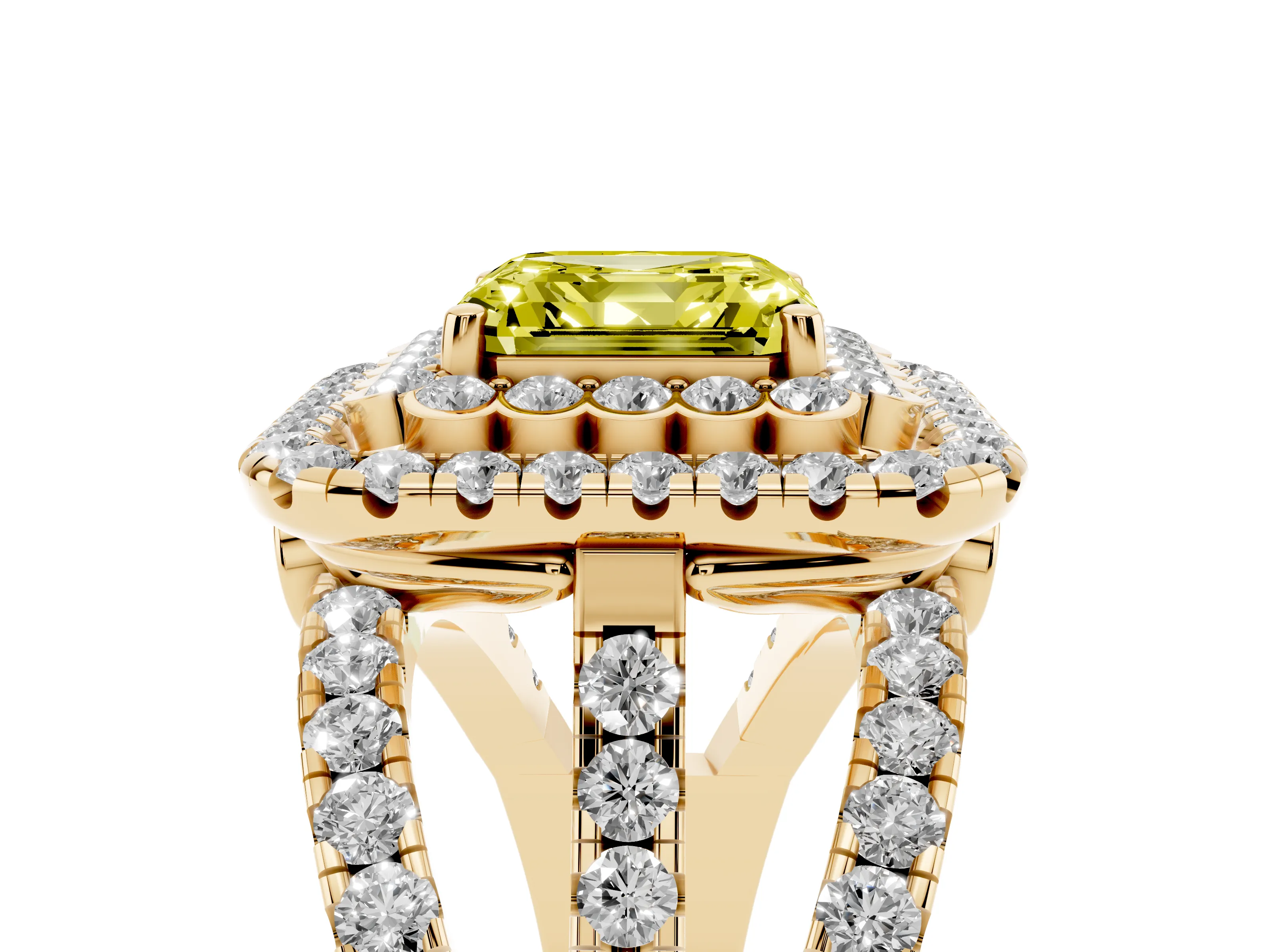 Fancy Yellow Asscher Cut Diamond Double Halo Ring Set in Yellow gold with Round Pavé Split Shank