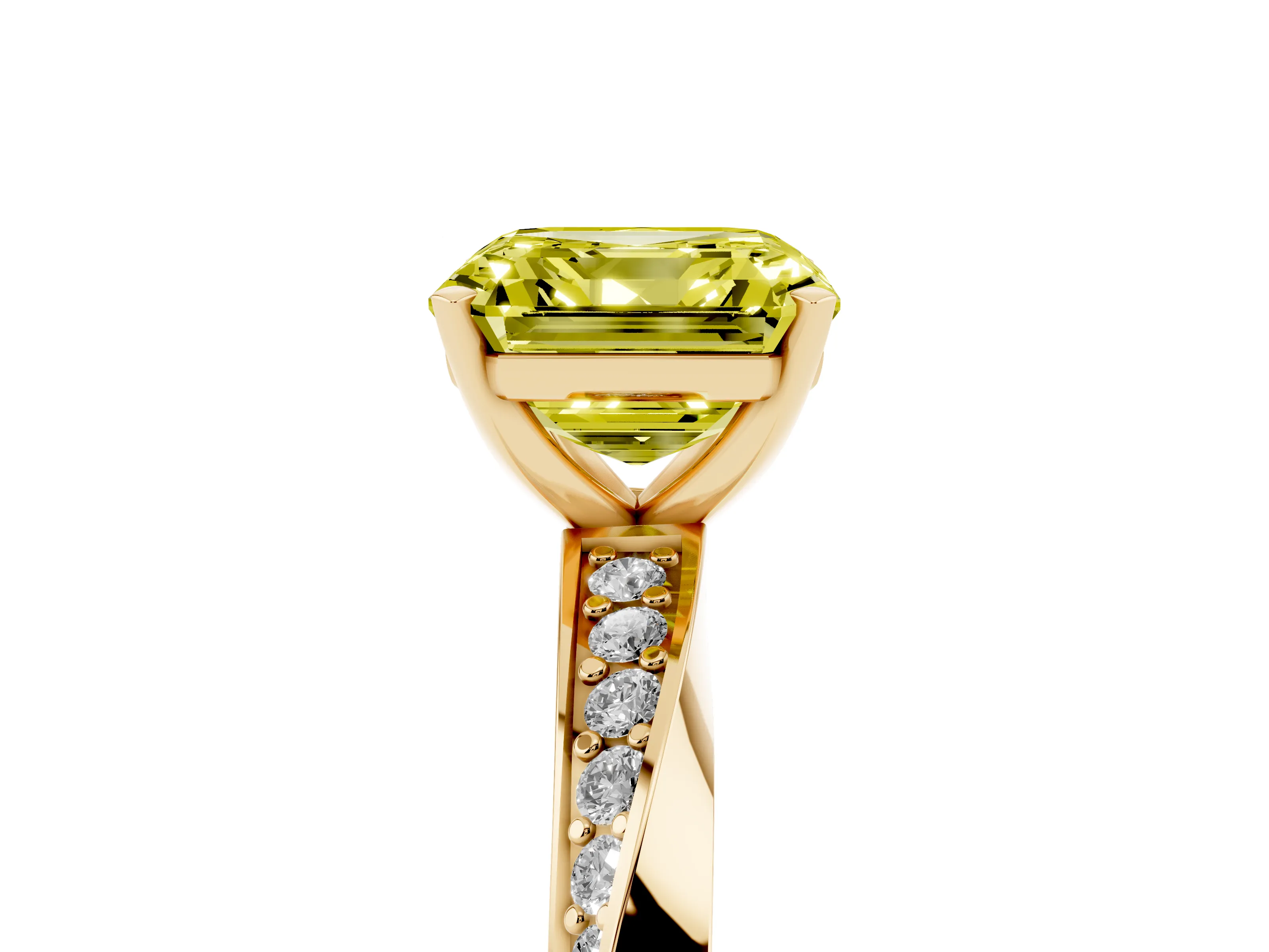 Fancy Yellow Asscher Cut Diamond Engagement Ring Set in Yellow gold with Side Stone Accents and Prong Setting