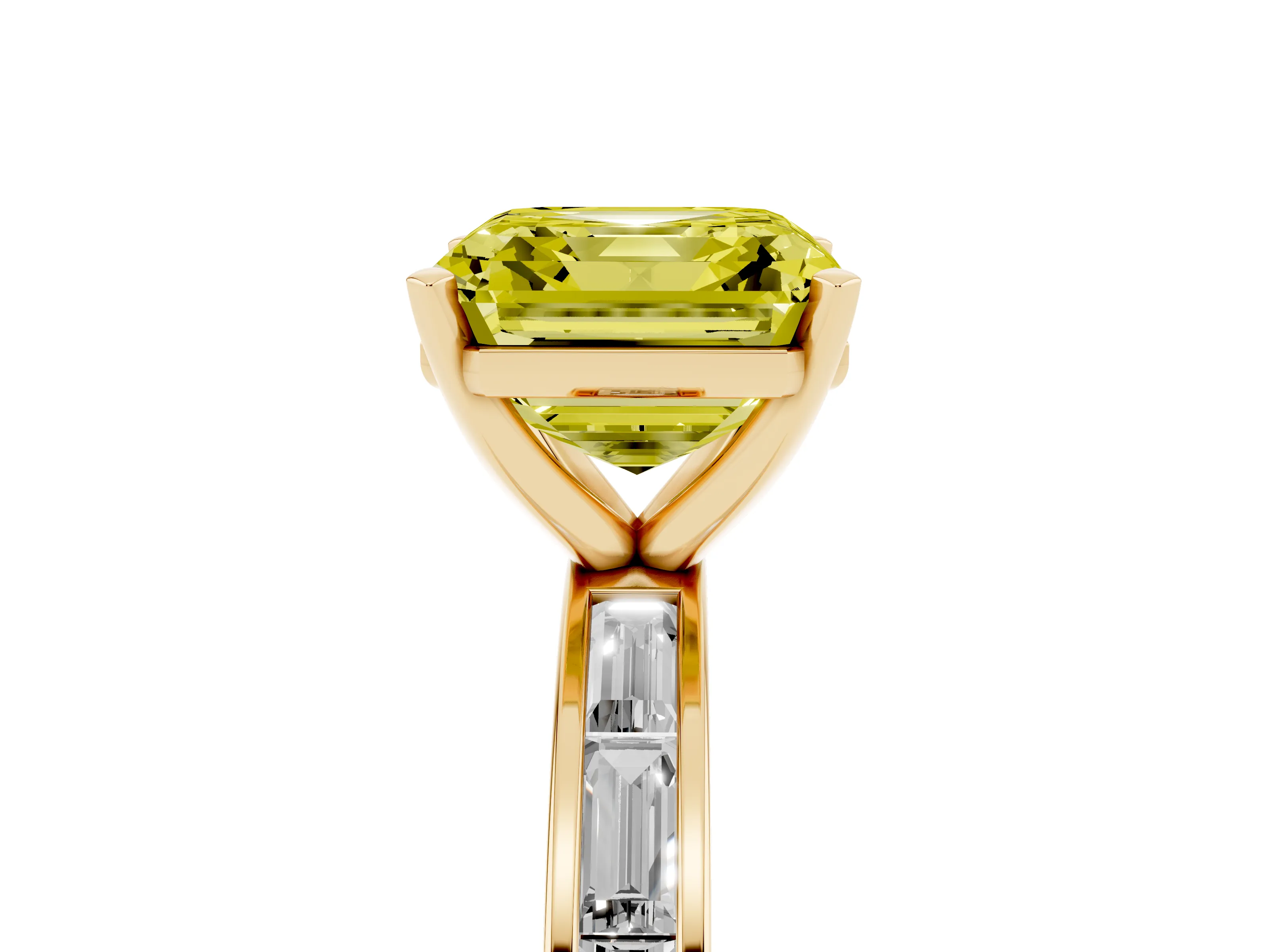 Fancy Yellow Asscher Cut Diamond Solitaire Ring Set in Yellow gold with Channel-Set Baguette Band and Prong Setting