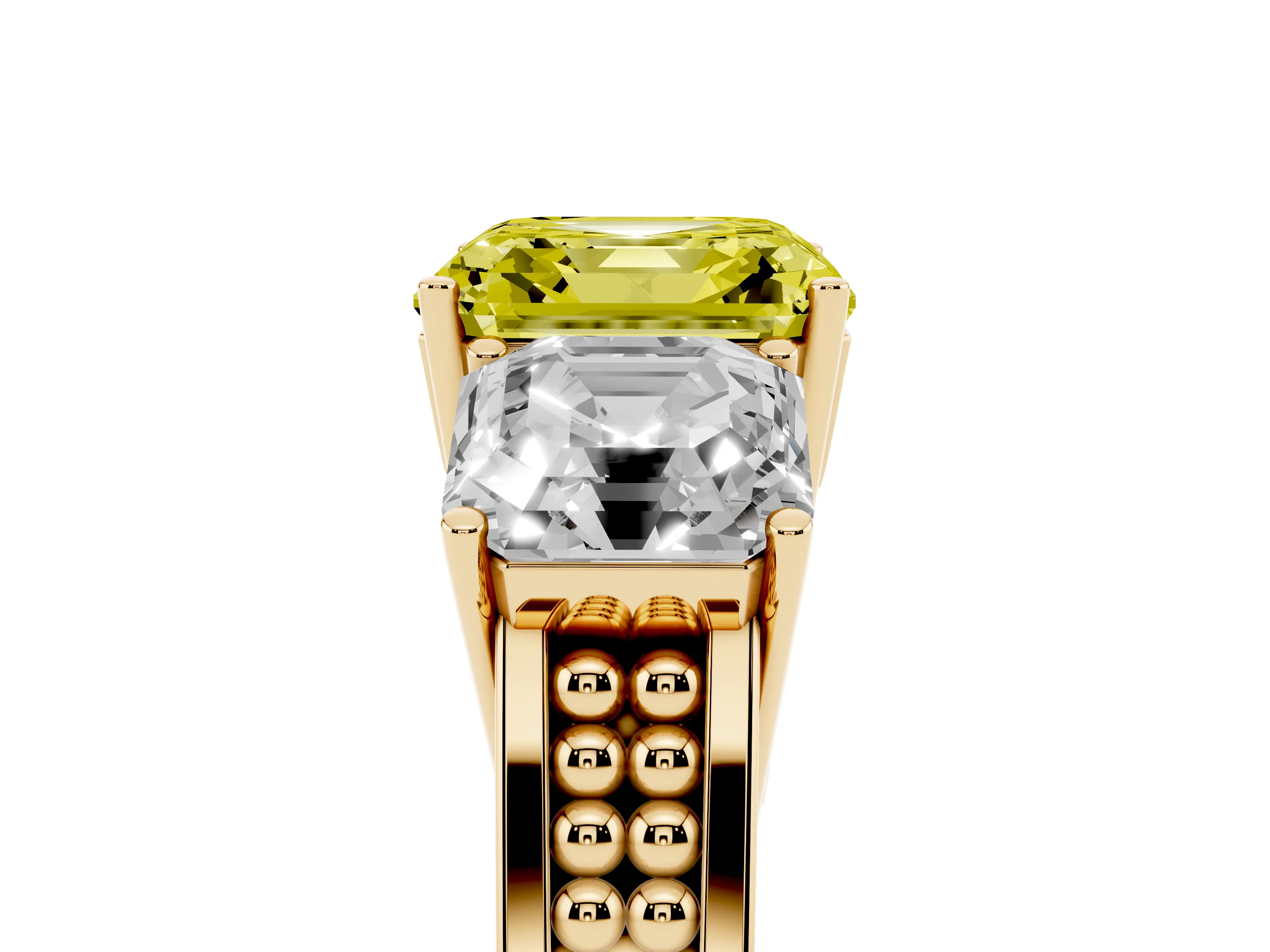 Fancy Yellow Asscher Cut Diamond Three-Stone Ring Set in Yellow gold with Textured Band