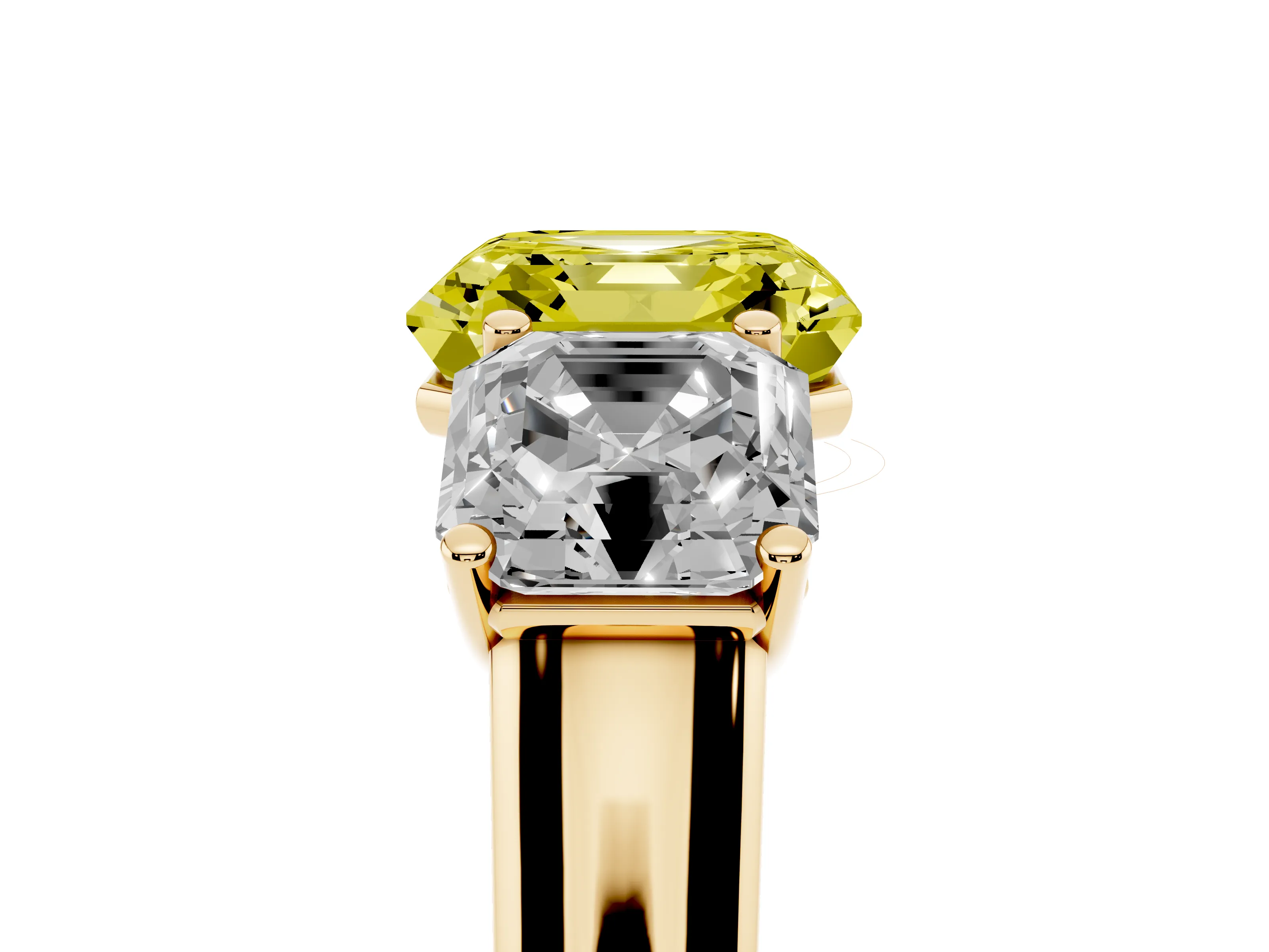 Fancy Yellow Asscher Cut Diamond Three-Stone Ring Set in Yellow gold with Plain Polished Band