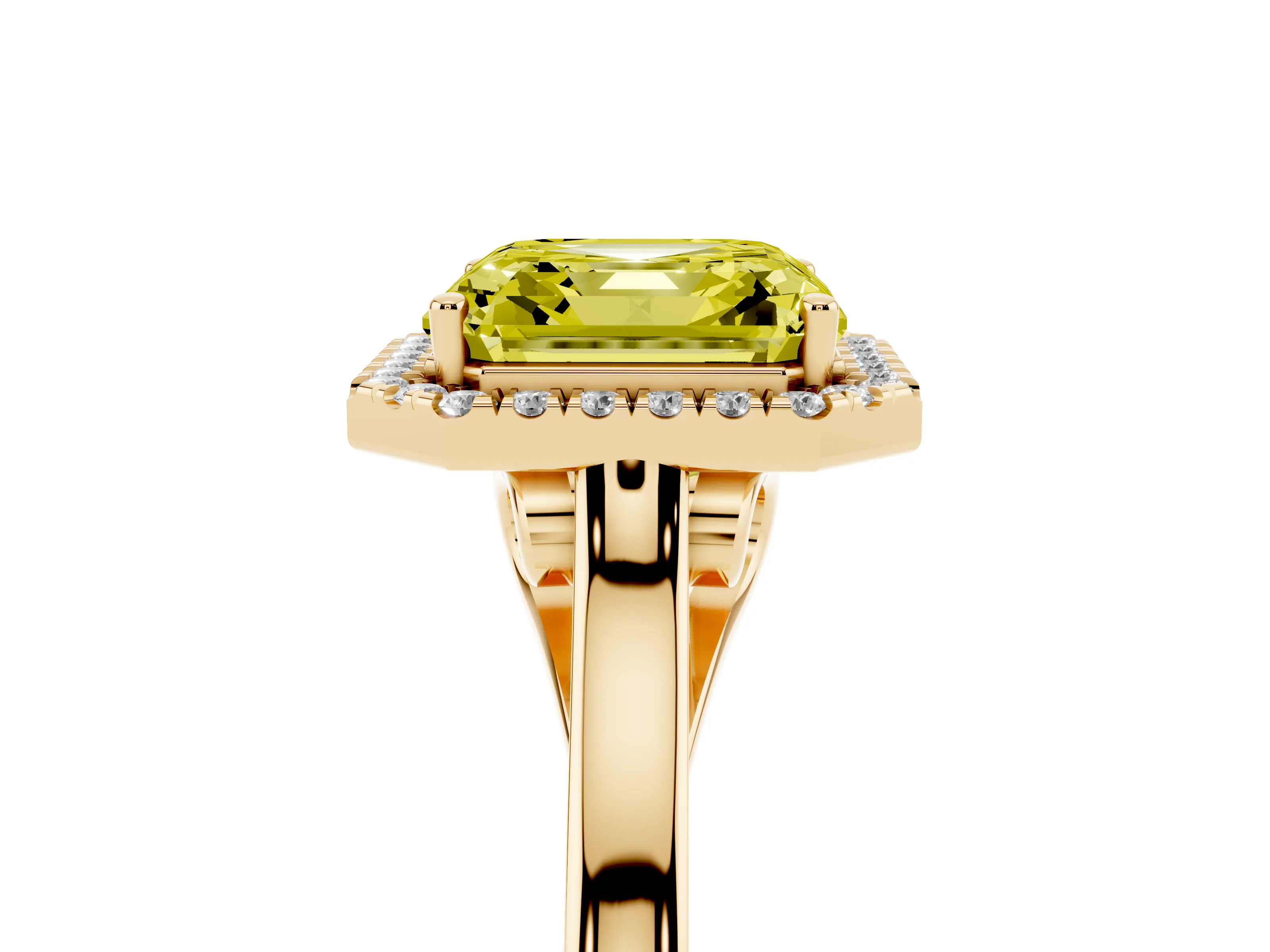 Fancy Yellow Asscher Cut Halo Round Diamond Solitaire Ring Set in Yellow gold with Pavé Band and Prong Setting