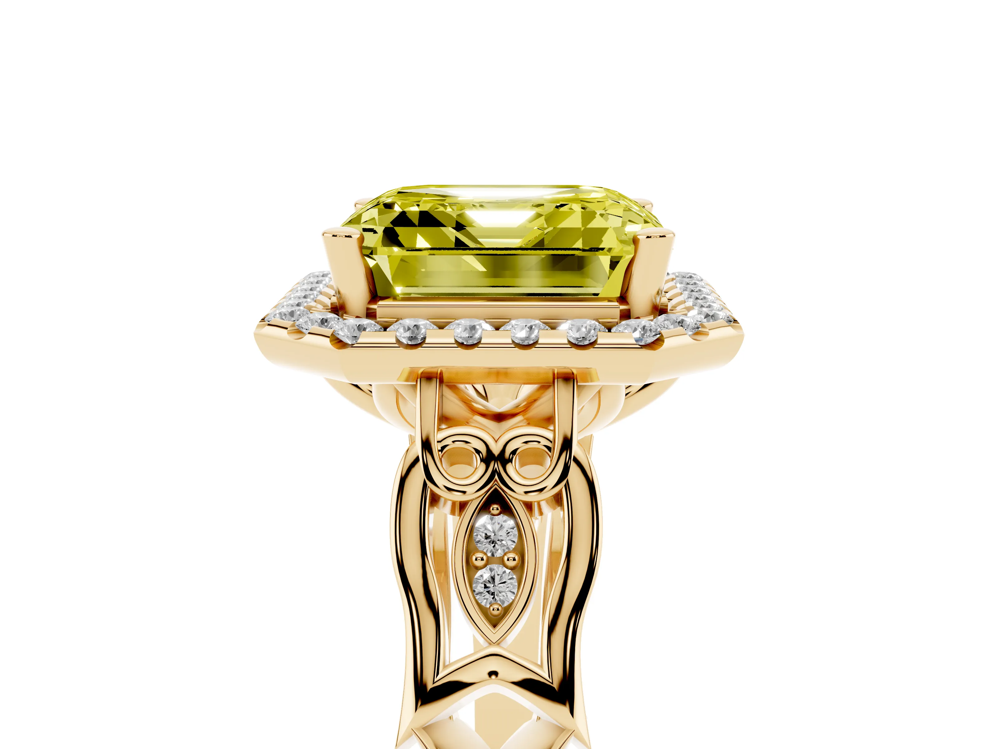 Fancy Yellow Asscher Cut Diamond Halo Engagement Ring Set in Yellow gold with Filigree Band and Prong-Set Center