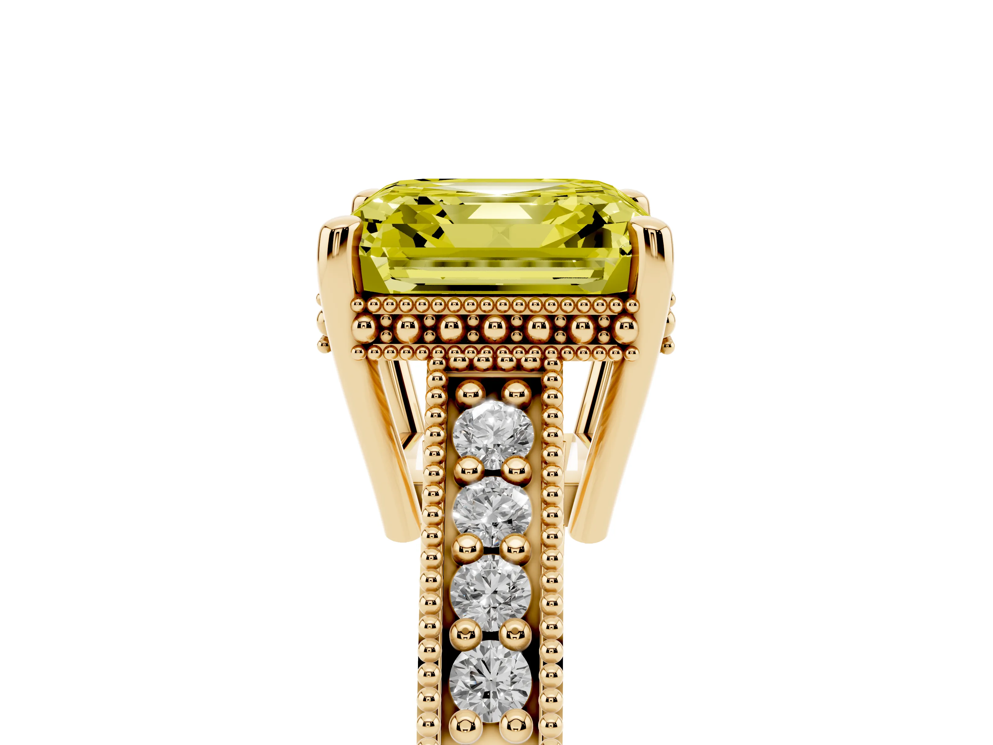 Fancy Yellow Asscher Cut Diamond Solitaire Pavé Milgrain Engagement Ring Set in Yellow gold with Prong Setting