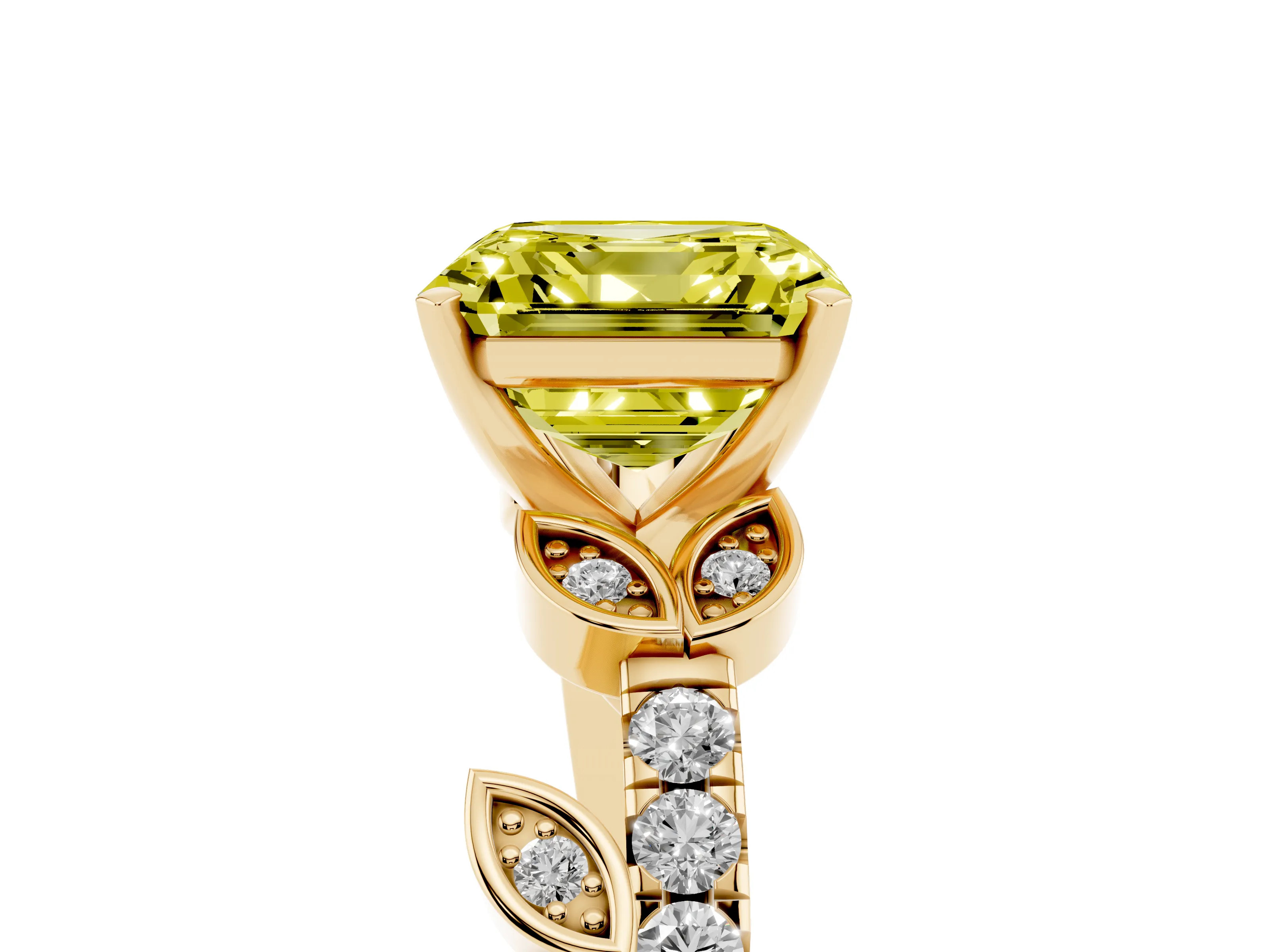 Fancy Yellow Asscher Cut Diamond Solitaire Leaf-Inspired Ring Set in Yellow gold with Pavé Band and Prong Setting