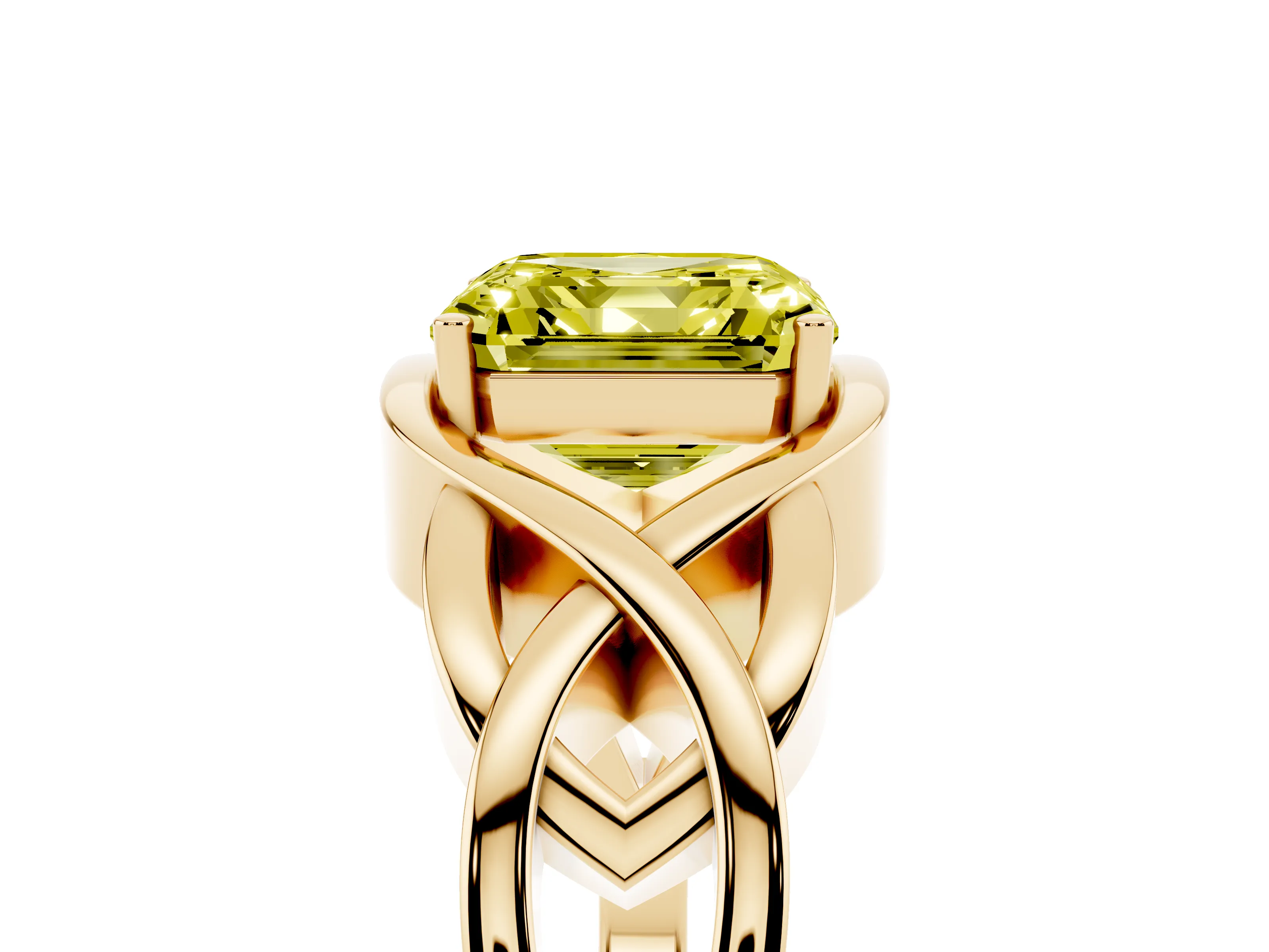Fancy Yellow Asscher Cut Diamond Solitaire Ring Set in Yellow gold with Intertwined Band