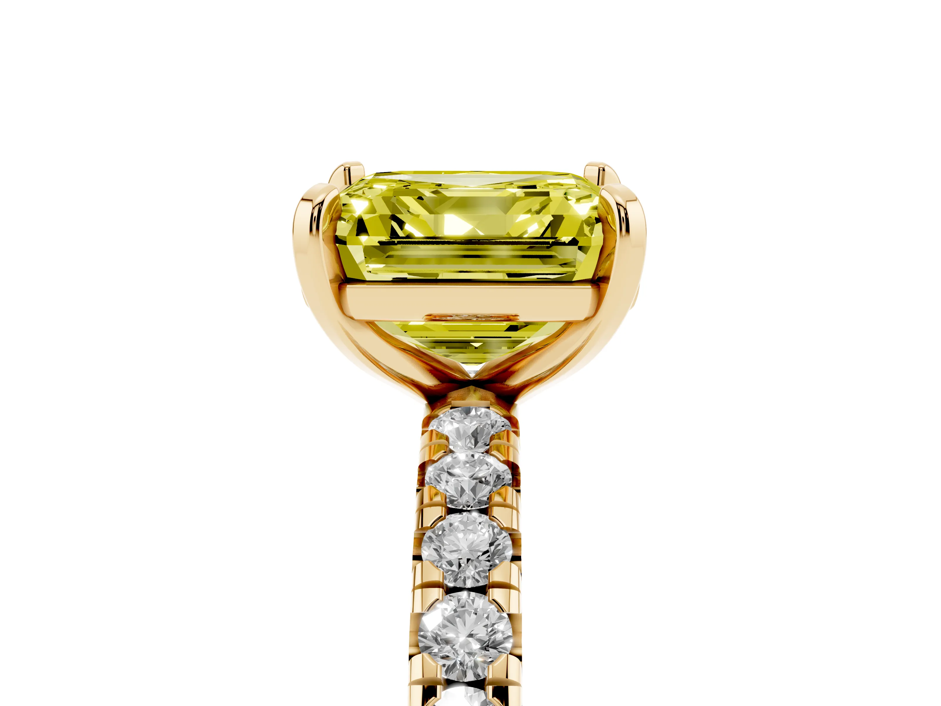 Fancy Yellow Asscher Cut Diamond Pavé Solitaire Ring Set in Yellow gold with Round Band and Prong Setting