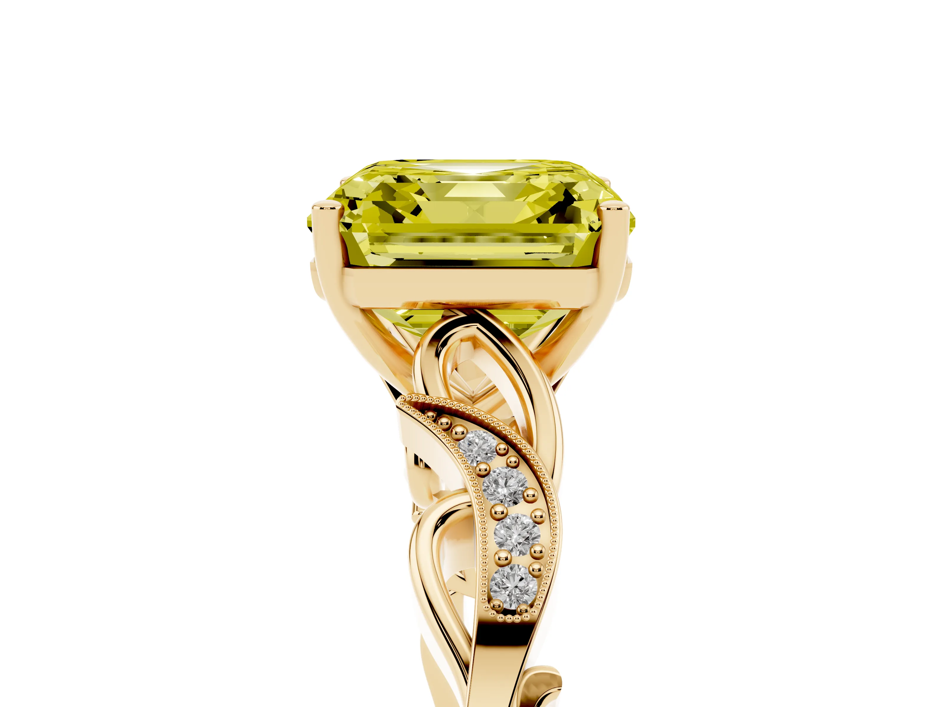 Fancy Yellow Asscher Cut Diamond Vine Band Solitaire Ring Set in Yellow gold with Milgrain Prong Setting