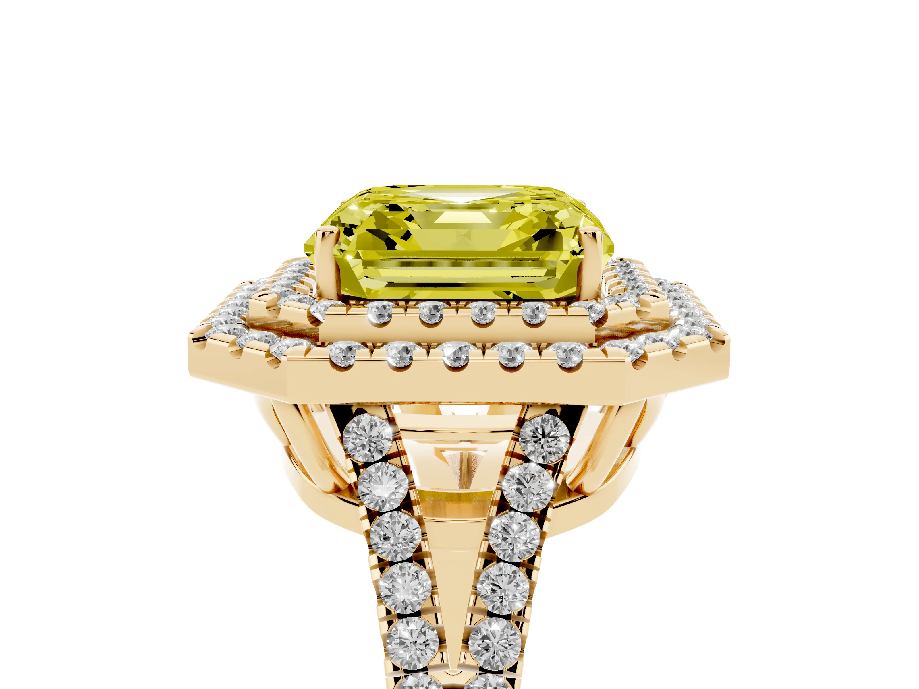 Fancy Yellow Asscher Cut Diamond Double Halo Ring Set in Yellow gold with Pavé Band