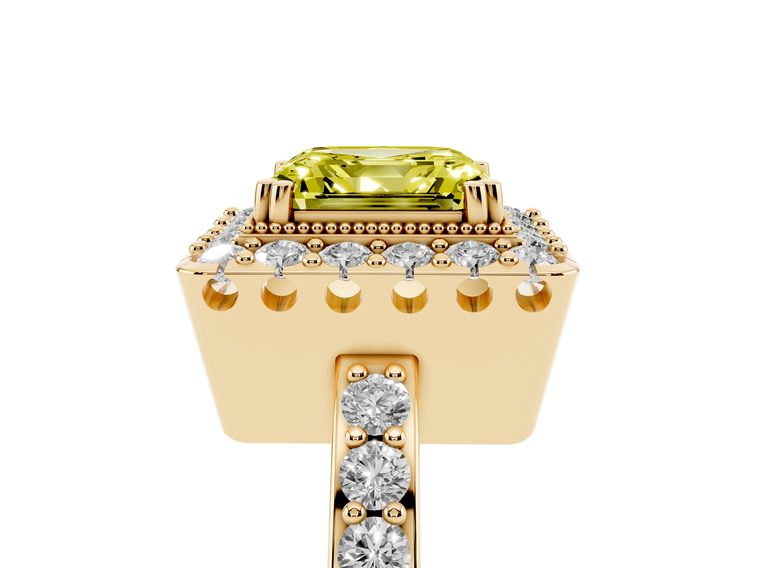 Fancy Yellow Asscher Cut Diamond Halo Ring Set in Yellow gold with Pavé Shank and Prong Setting
