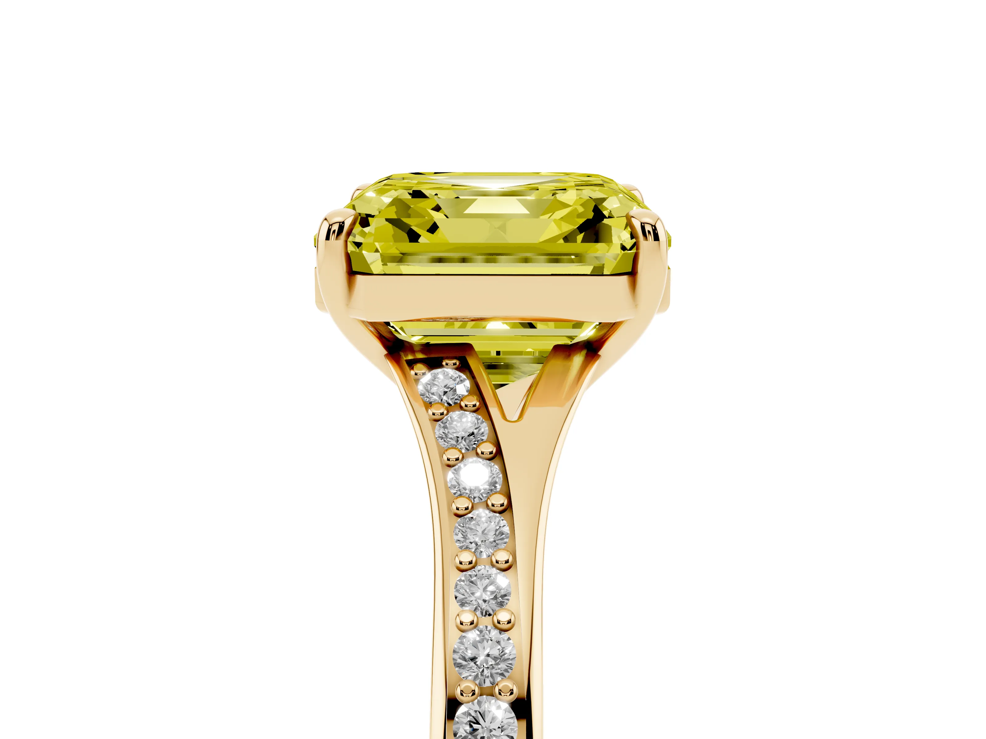 Fancy Yellow Asscher Cut Diamond Solitaire Ring Set in Yellow gold with Pavé Accent Band and Classic Prong Setting