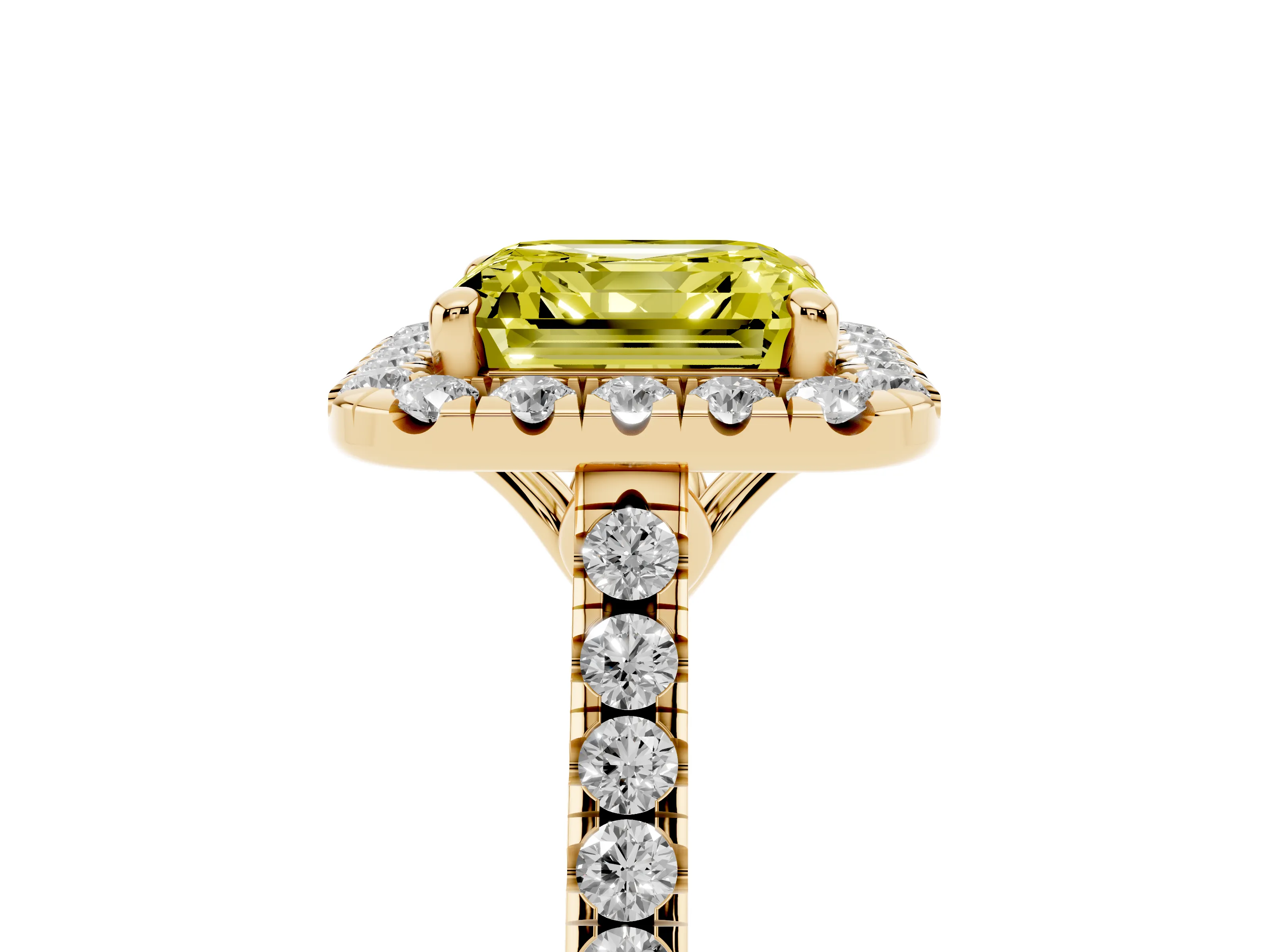 Fancy Yellow Asscher Cut Diamond Pavé Halo Engagement Ring Set in Yellow gold with Pavé Band and Prong Setting