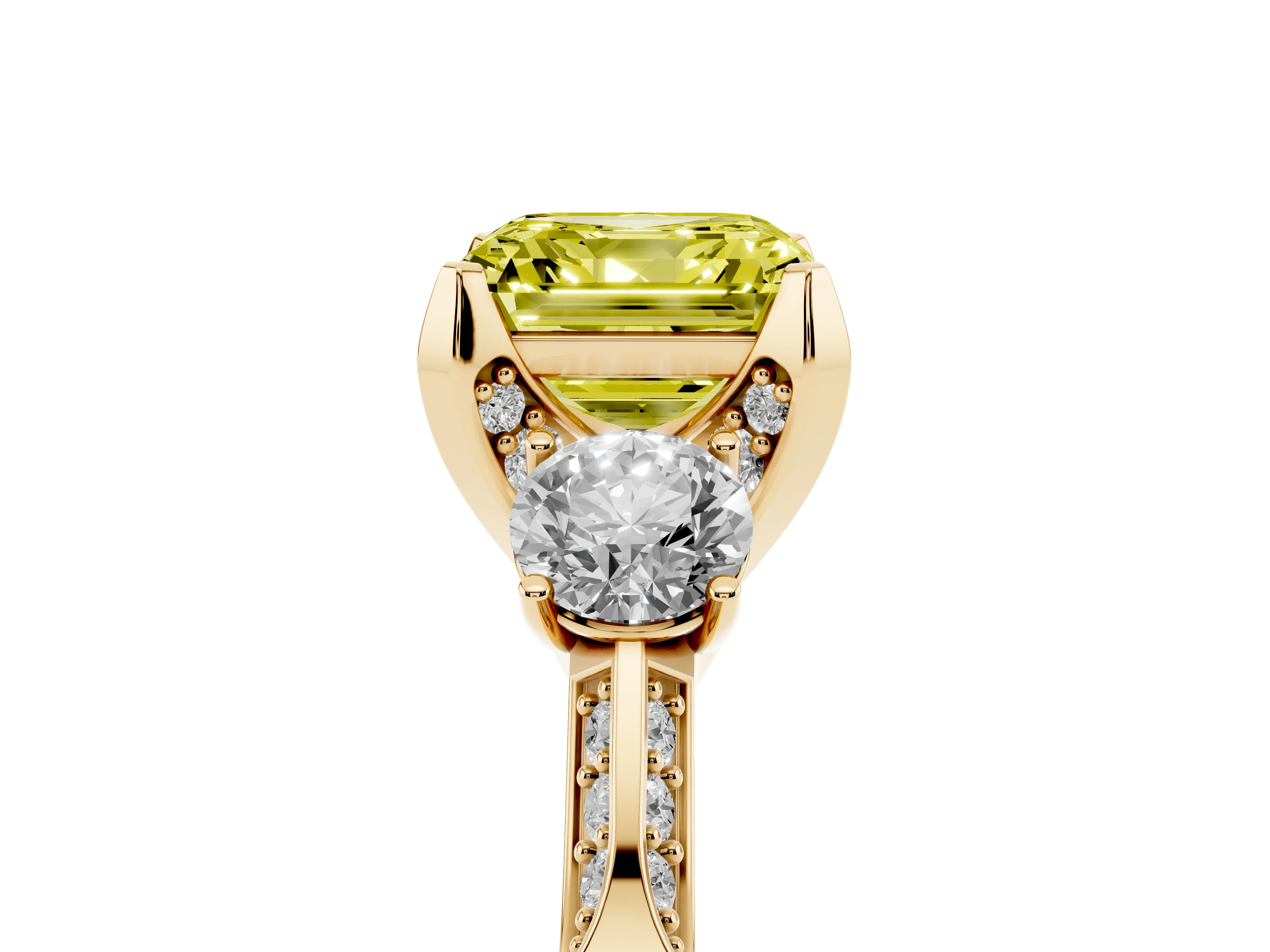 Fancy Yellow Asscher Cut Diamond Three-Stone Ring Set in Yellow gold with Pavé Band and Smaller Side Stones