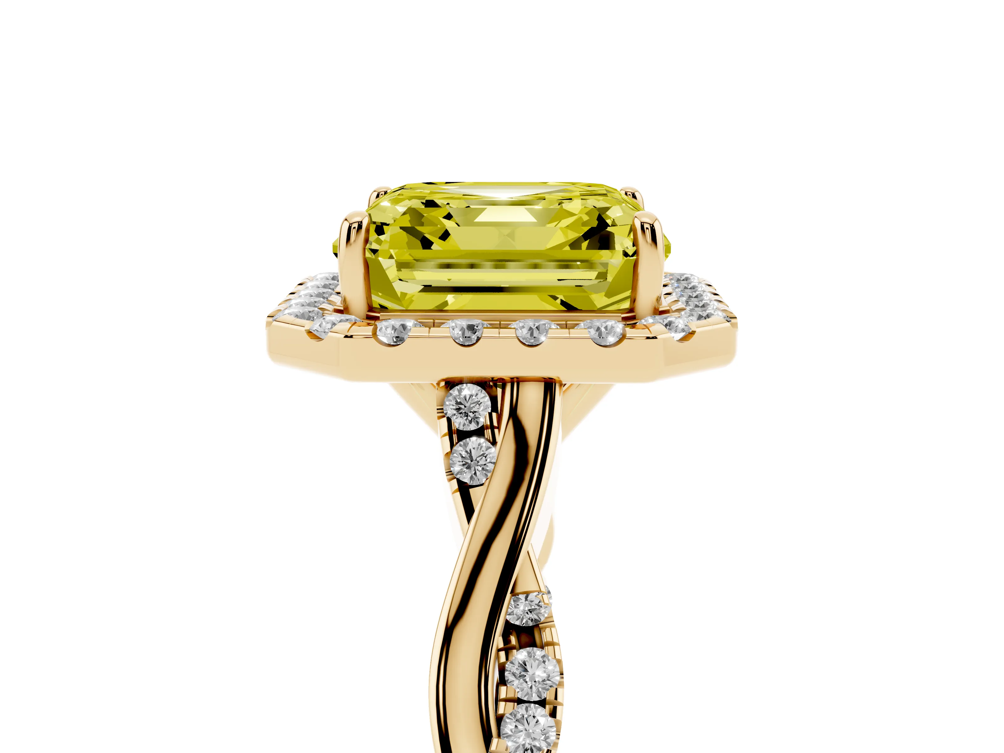 Fancy Yellow Asscher Cut Diamond Halo Twist Band Solitaire Ring Set in Yellow gold with Prong Setting