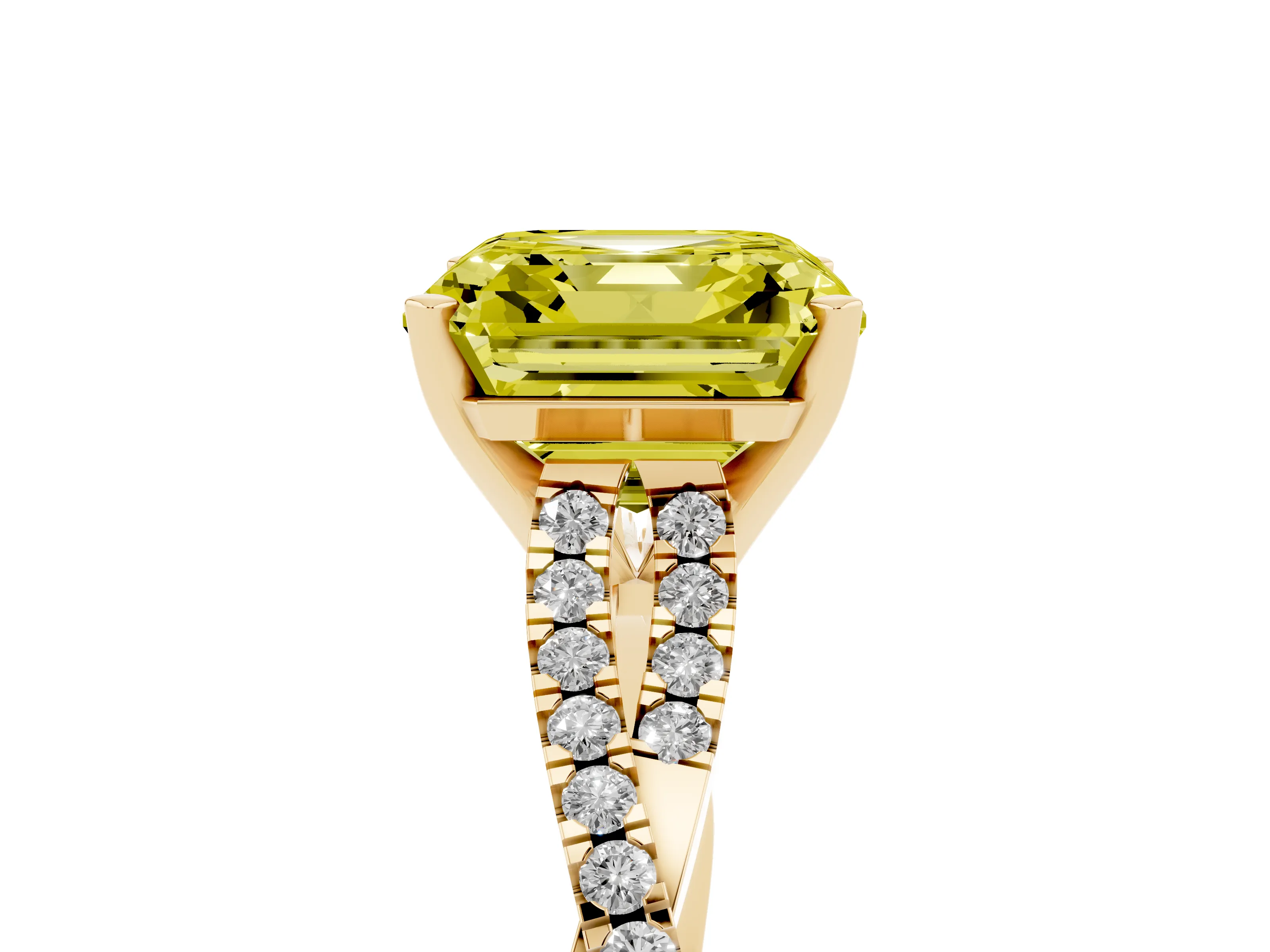 Fancy Yellow Asscher Cut Diamond Solitaire Engagement Ring Set in Yellow gold with Twisted Pavé Band and Prong Setting