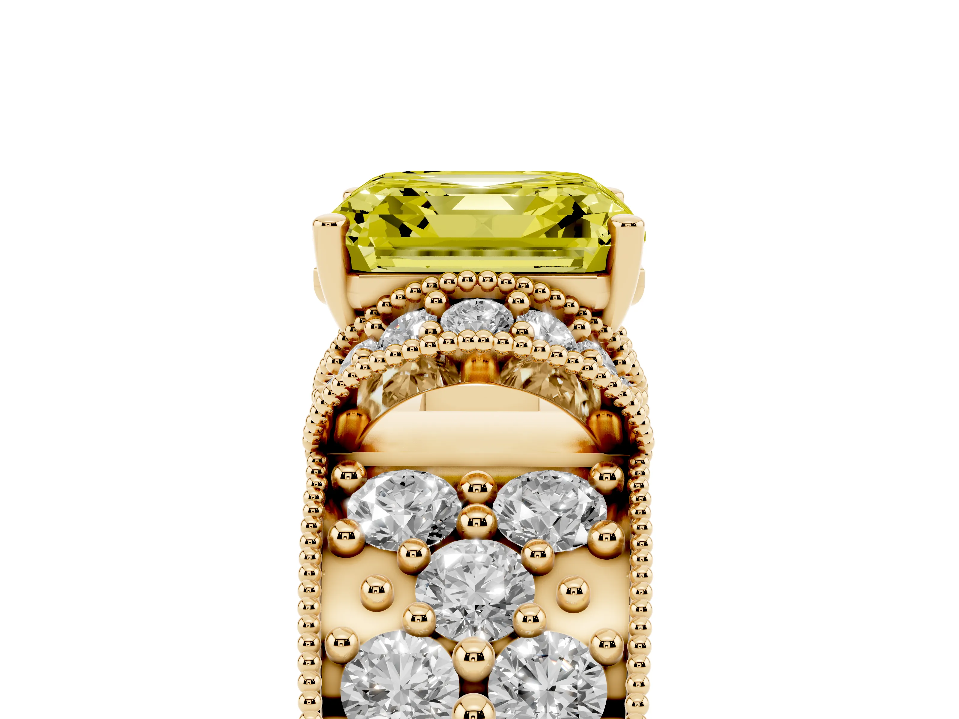 Fancy Yellow Asscher Cut Diamond Milgrain Halo Pavé Engagement Ring Set in Yellow gold with Prong Setting