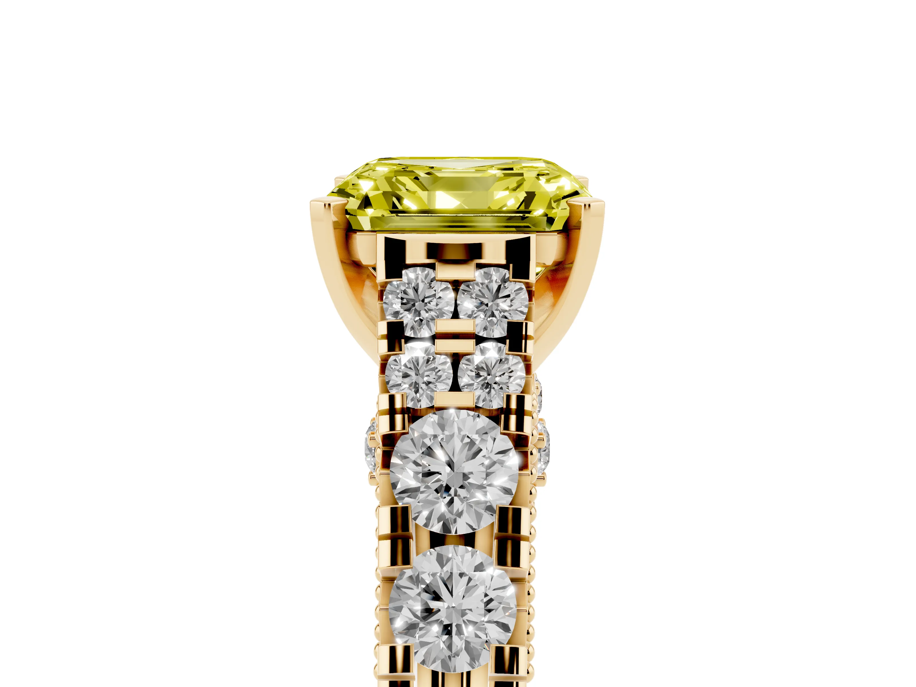 Fancy Yellow Asscher Cut Diamond Classic Solitaire Ring Set in Yellow gold with Pavé Band and Prong Setting