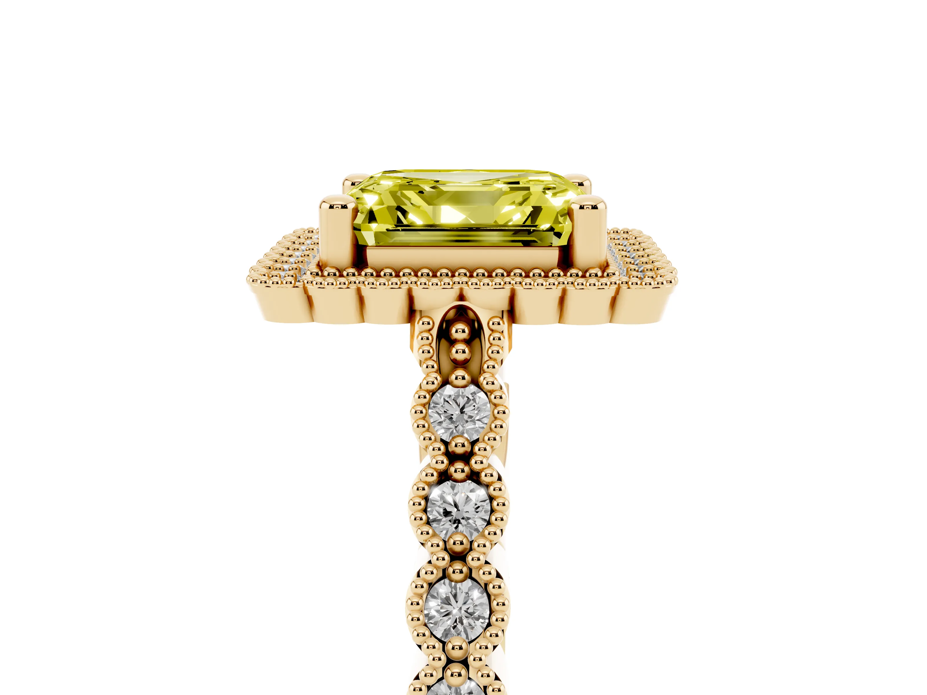 Fancy Yellow Asscher Cut Diamond Halo Ring Set in Yellow gold with Pavé Milgrain Band