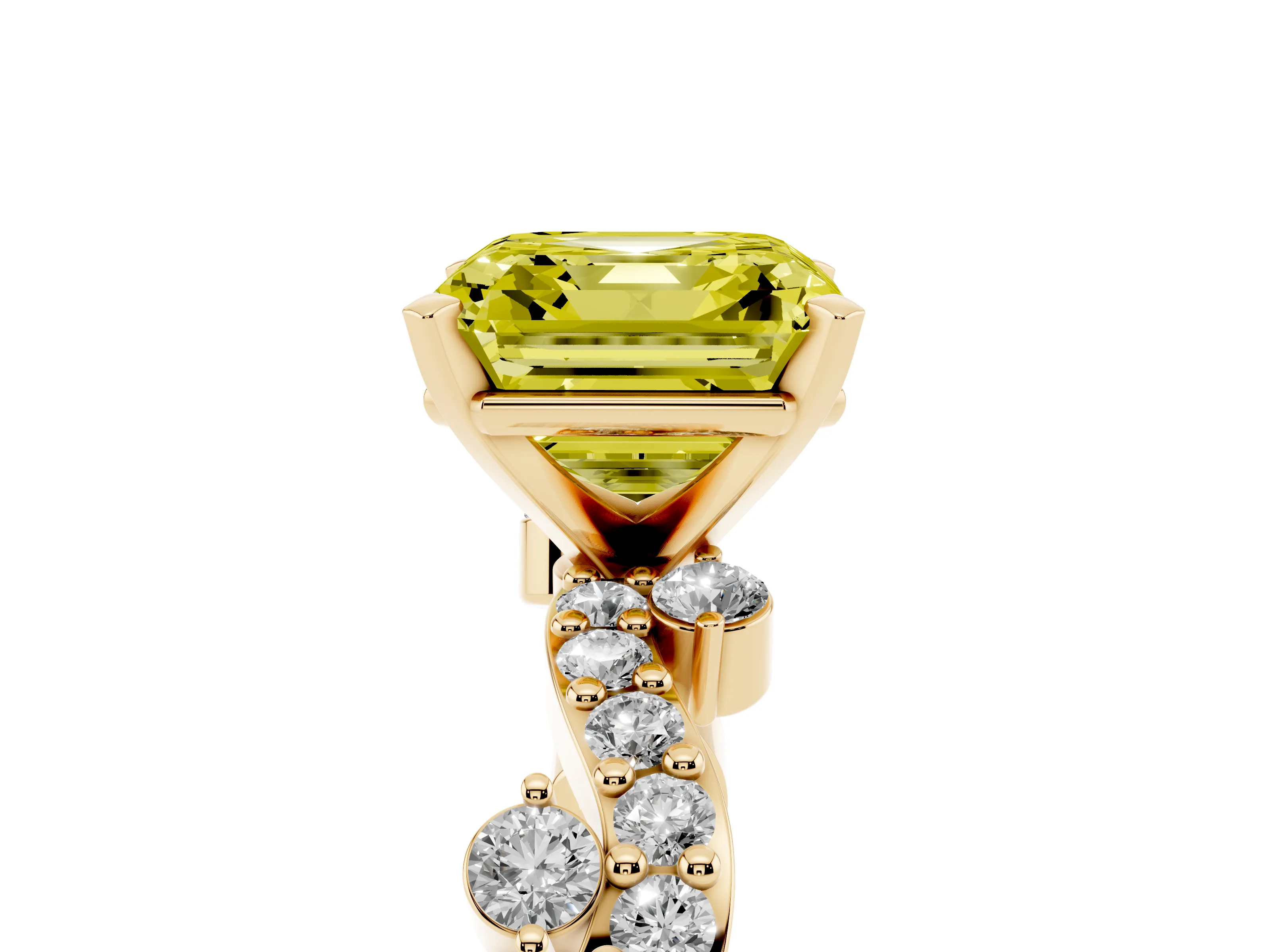 Fancy Yellow Asscher Cut Diamond Solitaire Twisted Band Set in Yellow gold with Pavé Setting