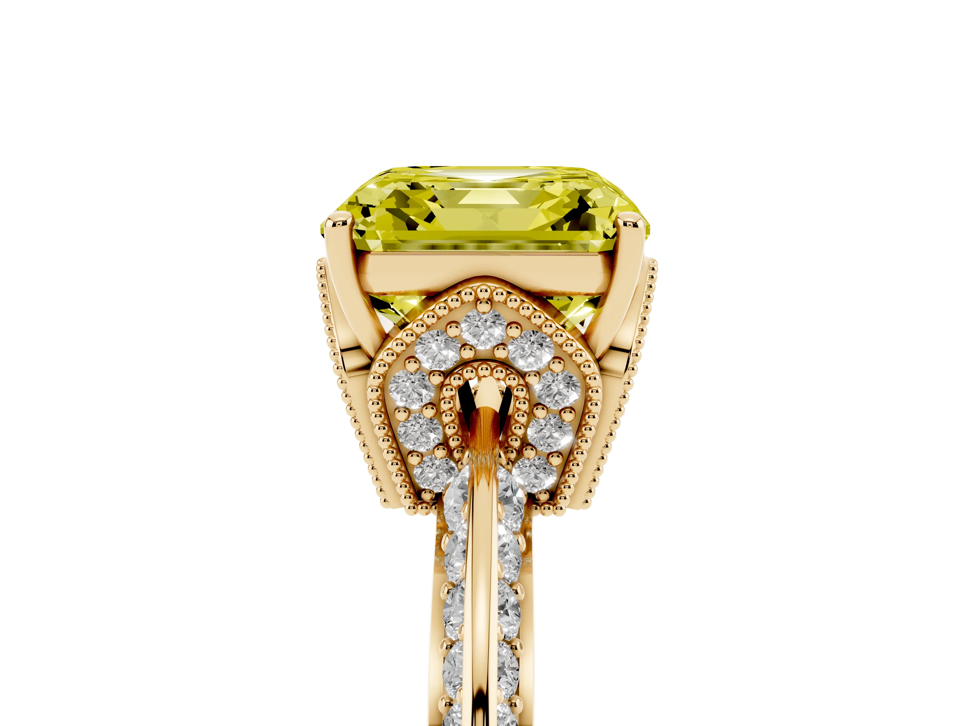 Fancy Yellow Asscher Cut Diamond Solitaire Engagement Ring Set in Yellow gold with Pavé Split Shank and Prong Setting