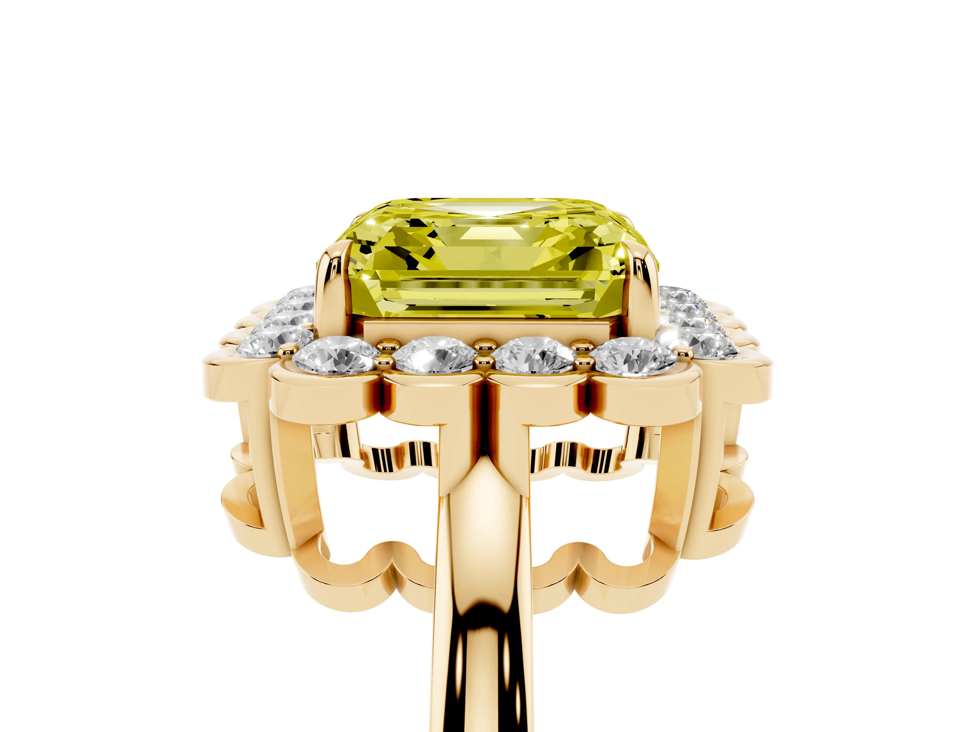 Fancy Yellow Asscher Cut Diamond Halo Cluster Engagement Ring Set in Yellow gold with Solitaire Band and Prong Setting