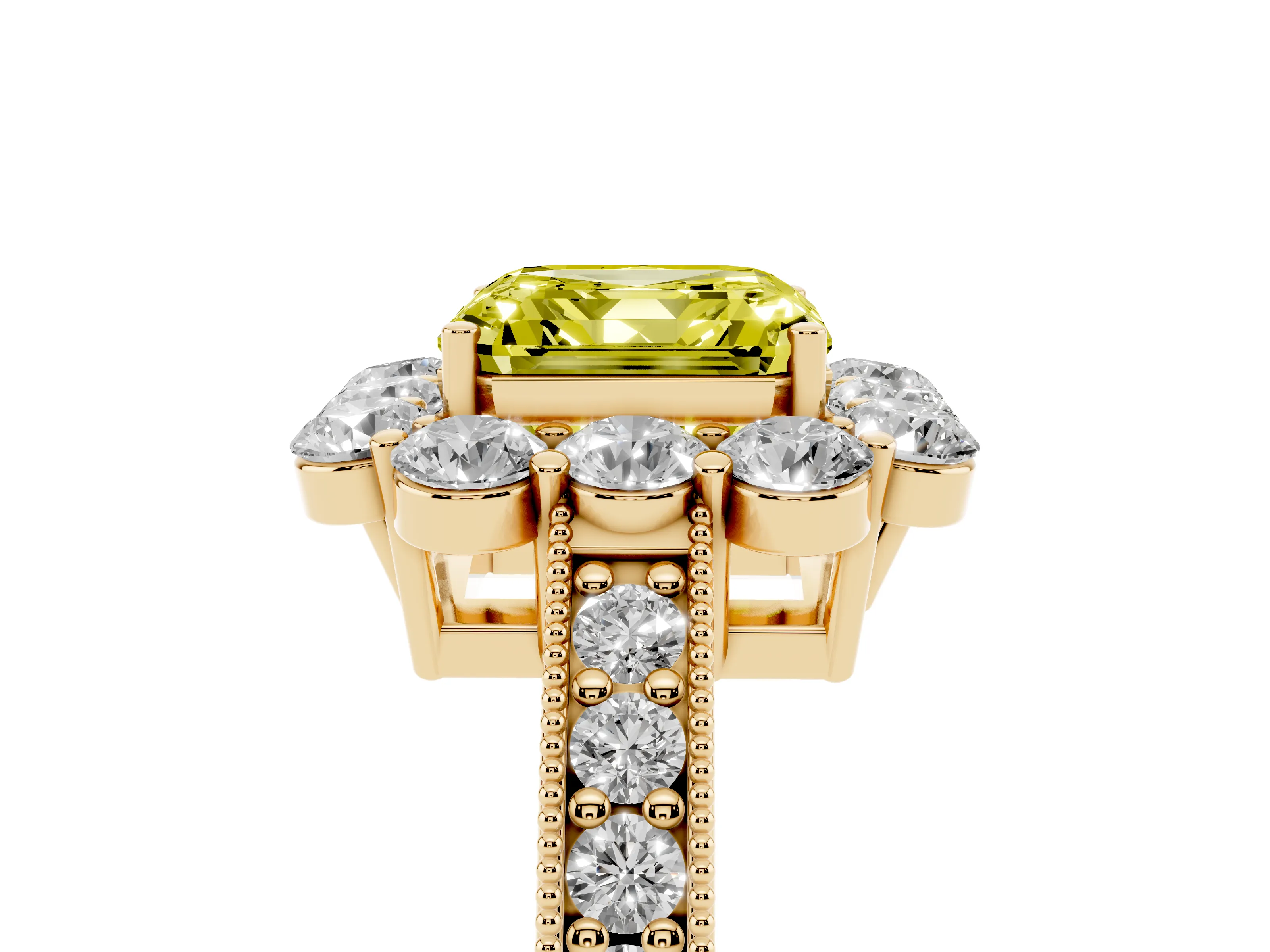 Fancy Yellow Asscher Cut Diamond Halo Pavé Engagement Ring Set in Yellow gold with Milgrain Detailing